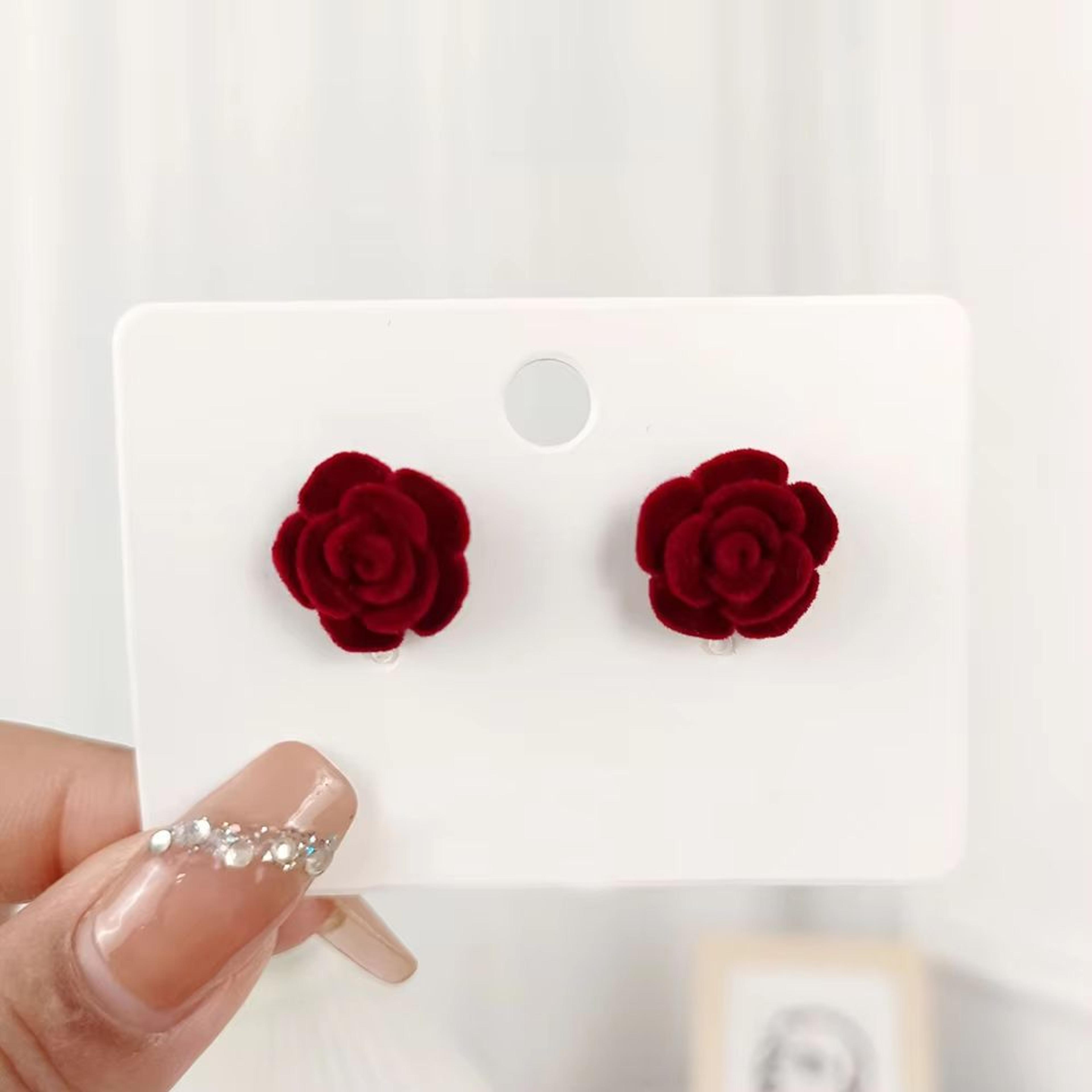Vintage Wine Red Rose Stud Earrings  Elegant Flocked Flower Earrings With 925 Silver Needle 2