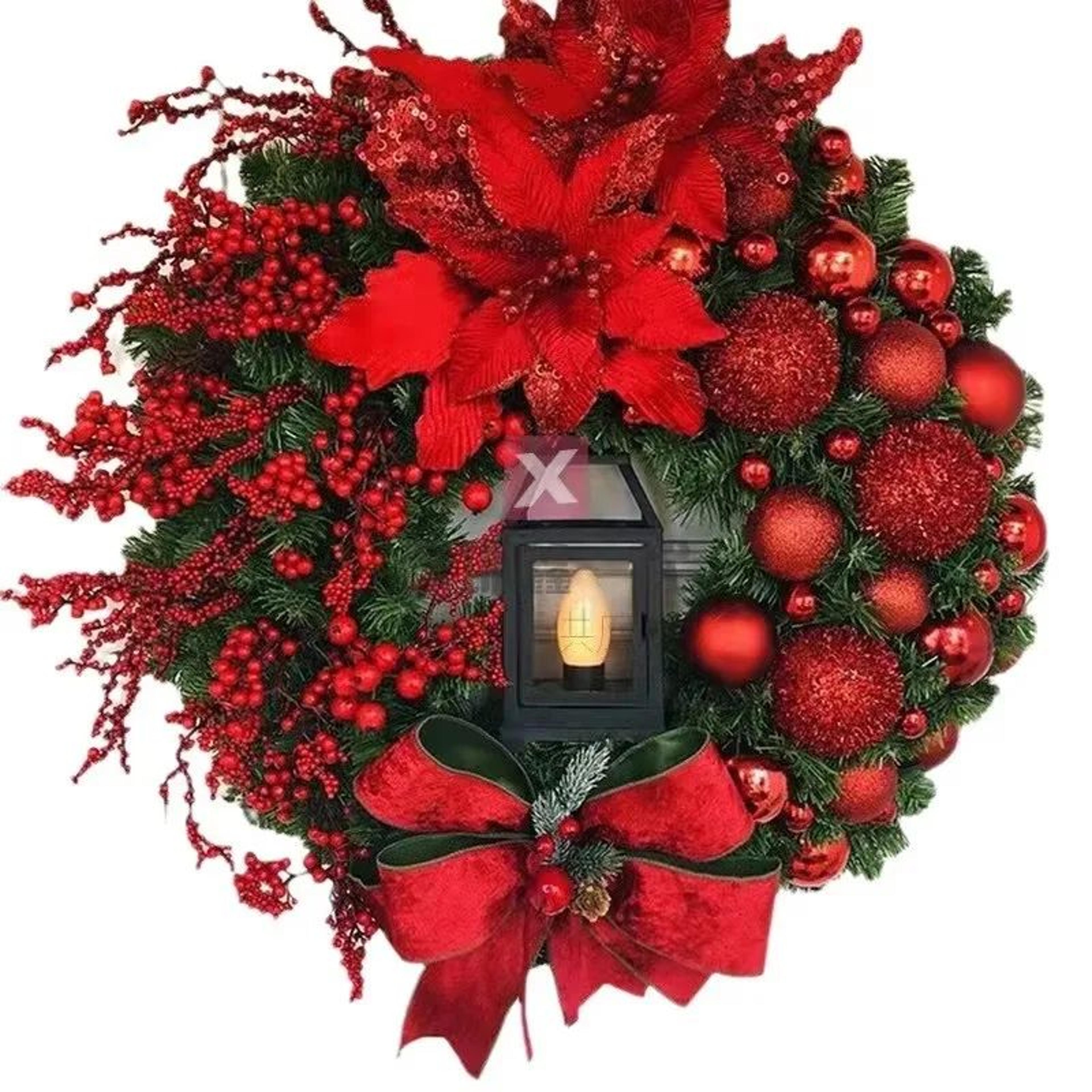 Christmas Wreath With Lantern  Large Bow  Festive Front Door Garland Holiday Wall Decoration 1
