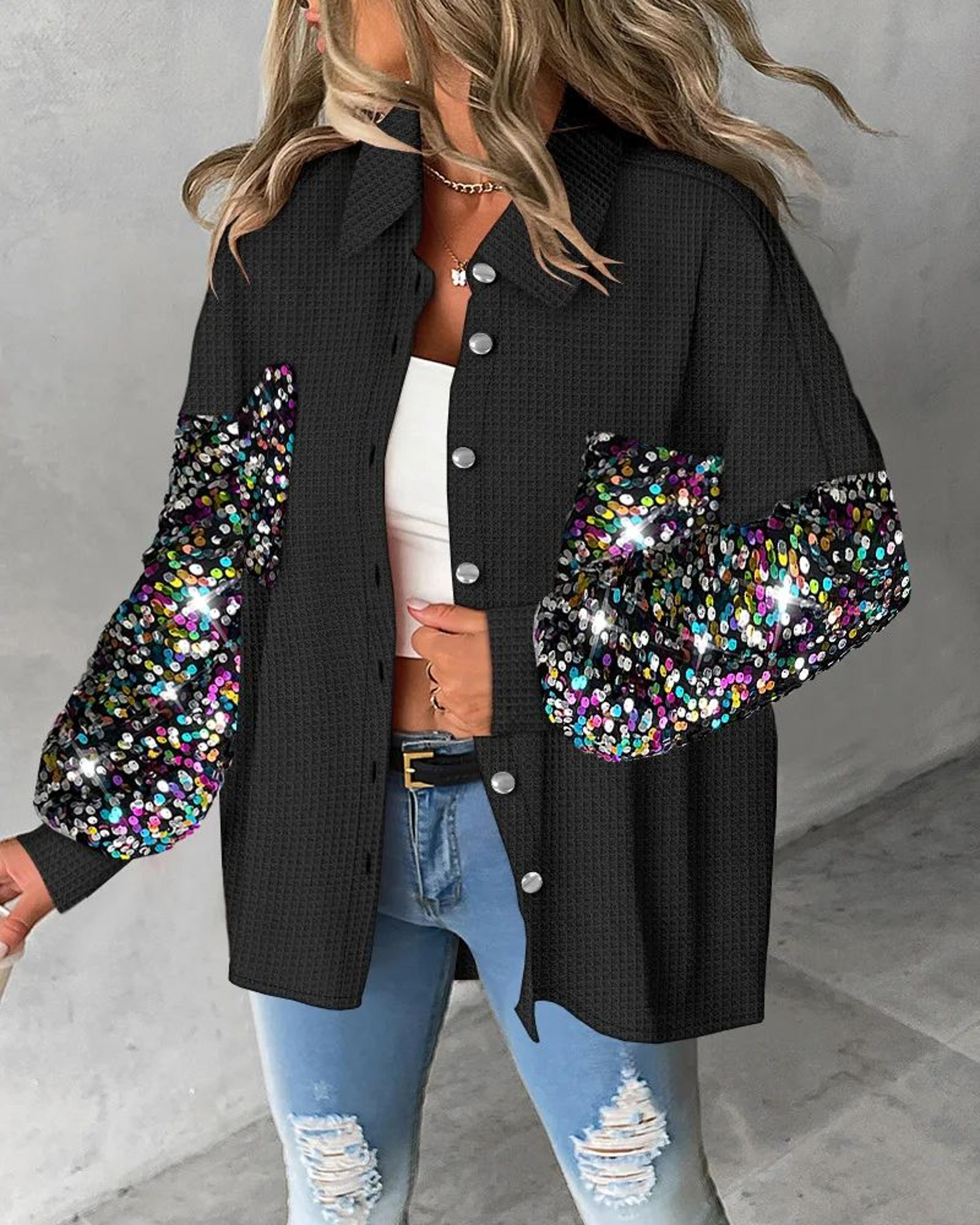 Sequin Colorblock Shacket Jacket  Womens Contrast ButtonUp Raw Hem High Street Coat 9