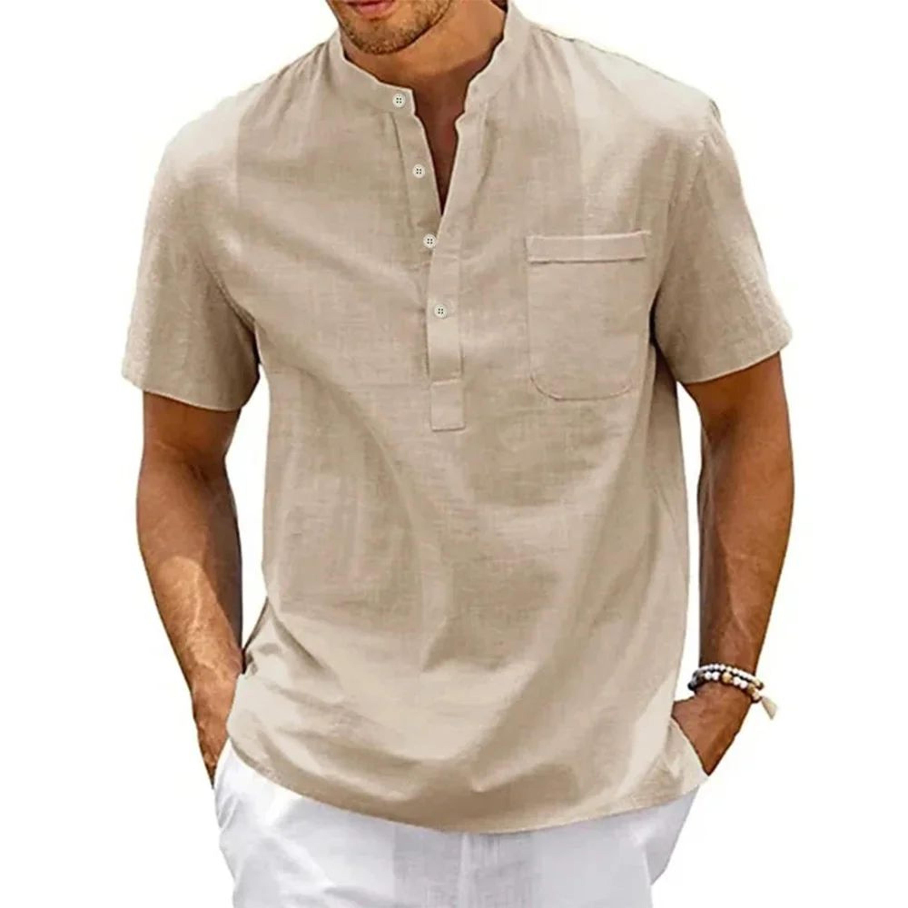 Mens Cotton Linen Henley Shirt  Breathable Short Sleeve Casual Beach Tee 3