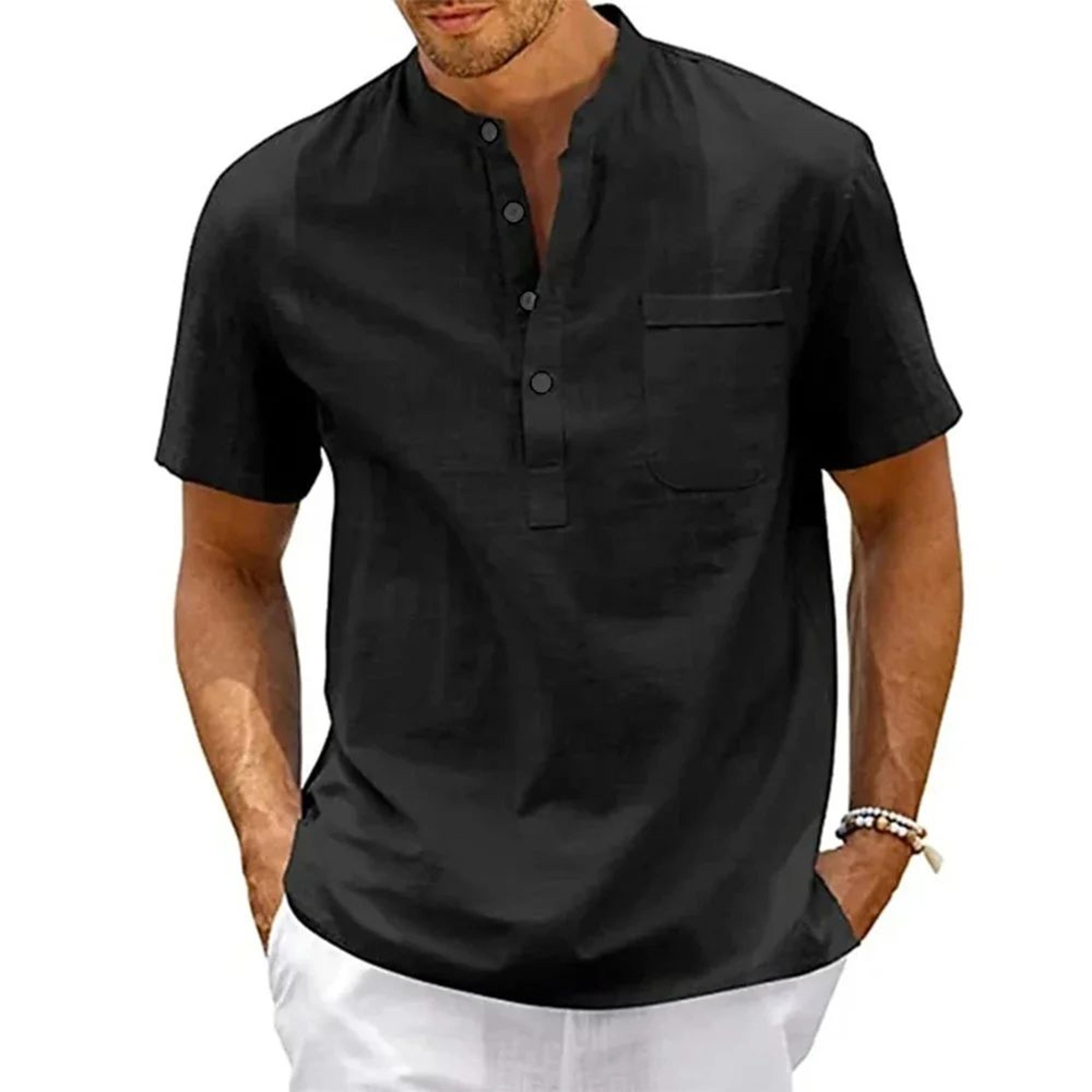 Mens Cotton Linen Henley Shirt  Breathable Short Sleeve Casual Beach Tee 4