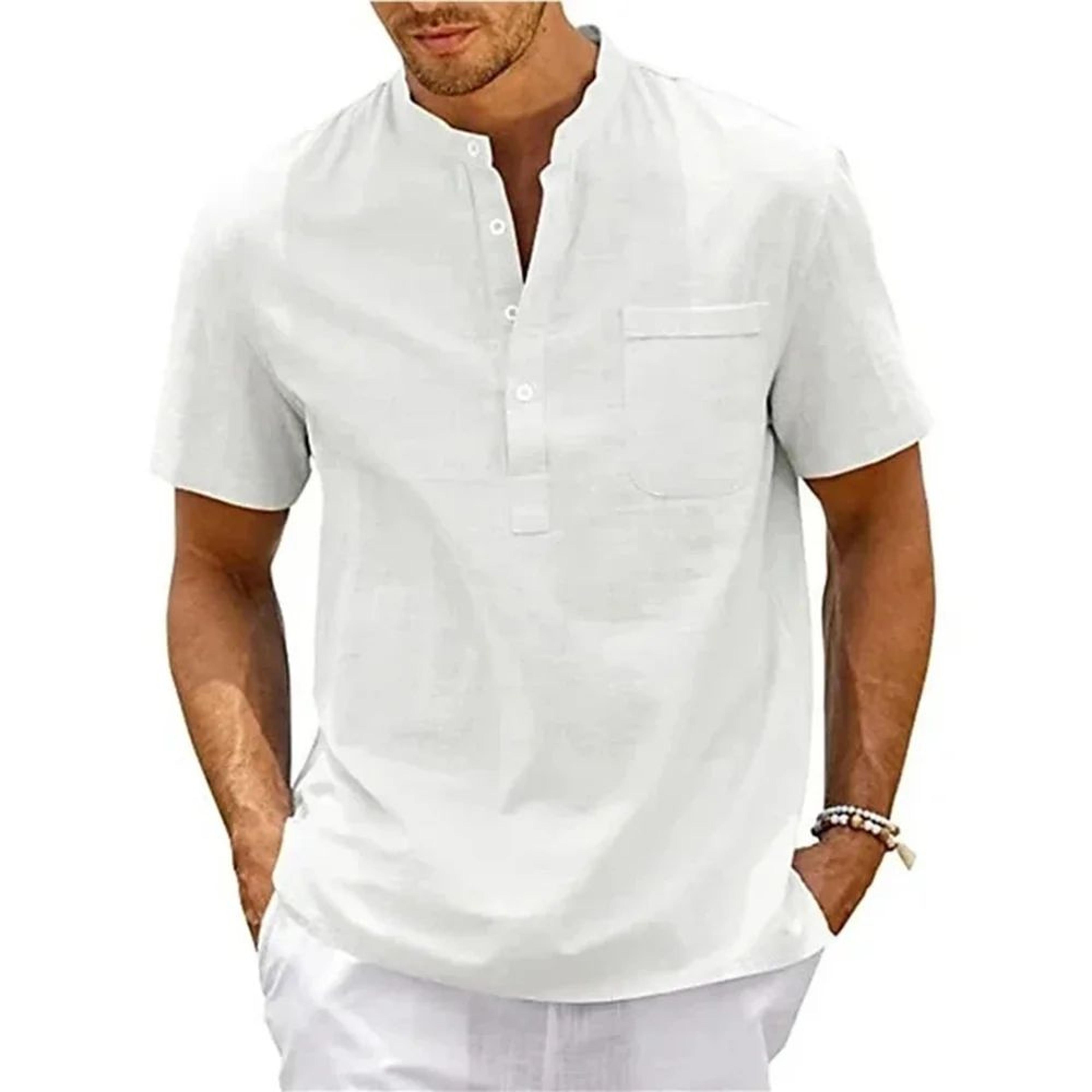 Mens Cotton Linen Henley Shirt  Breathable Short Sleeve Casual Beach Tee 8