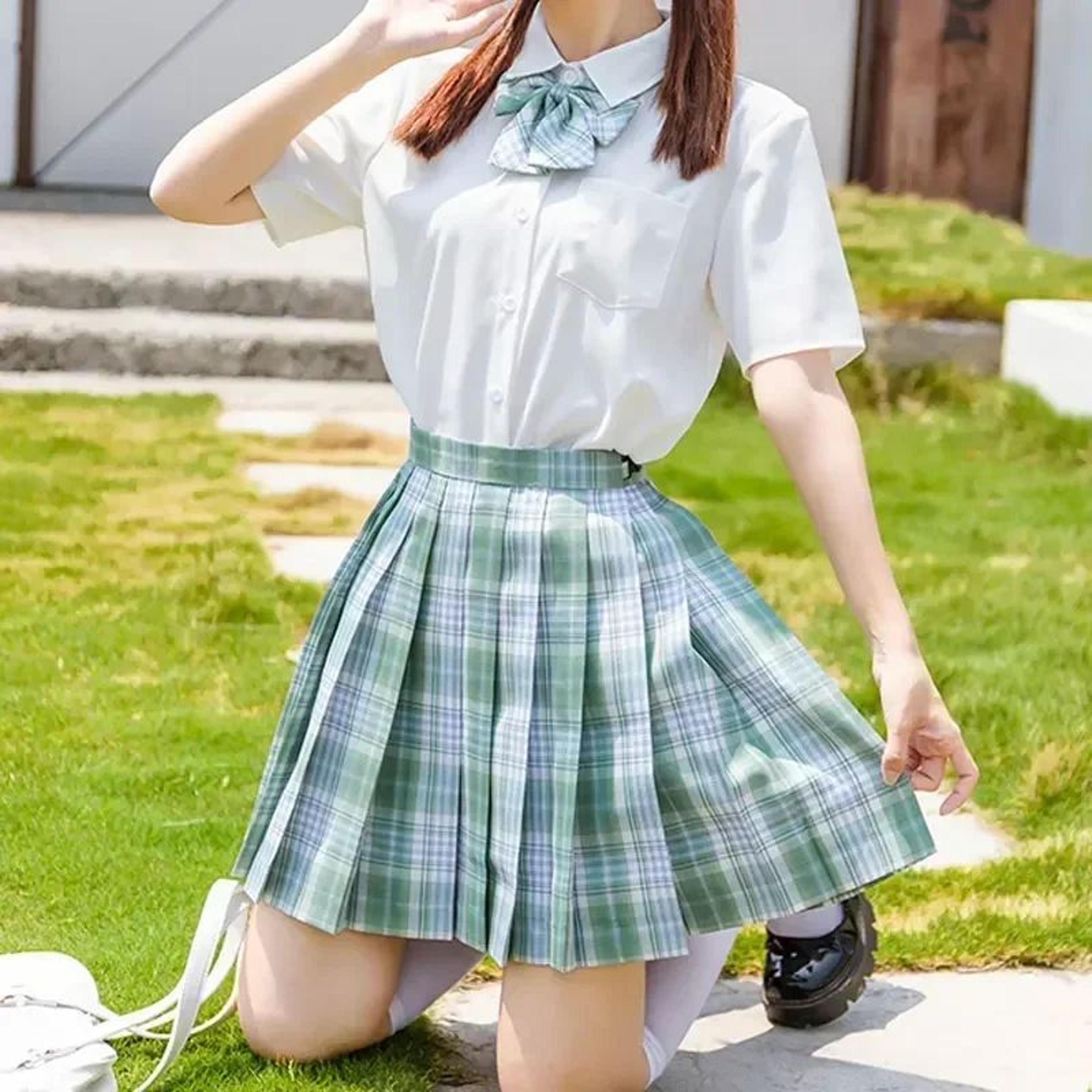 Korean JK Sailor School Uniform Set  Pink Plaid Pleated Skirt  Blouse Cosplay Outfit For Women 10