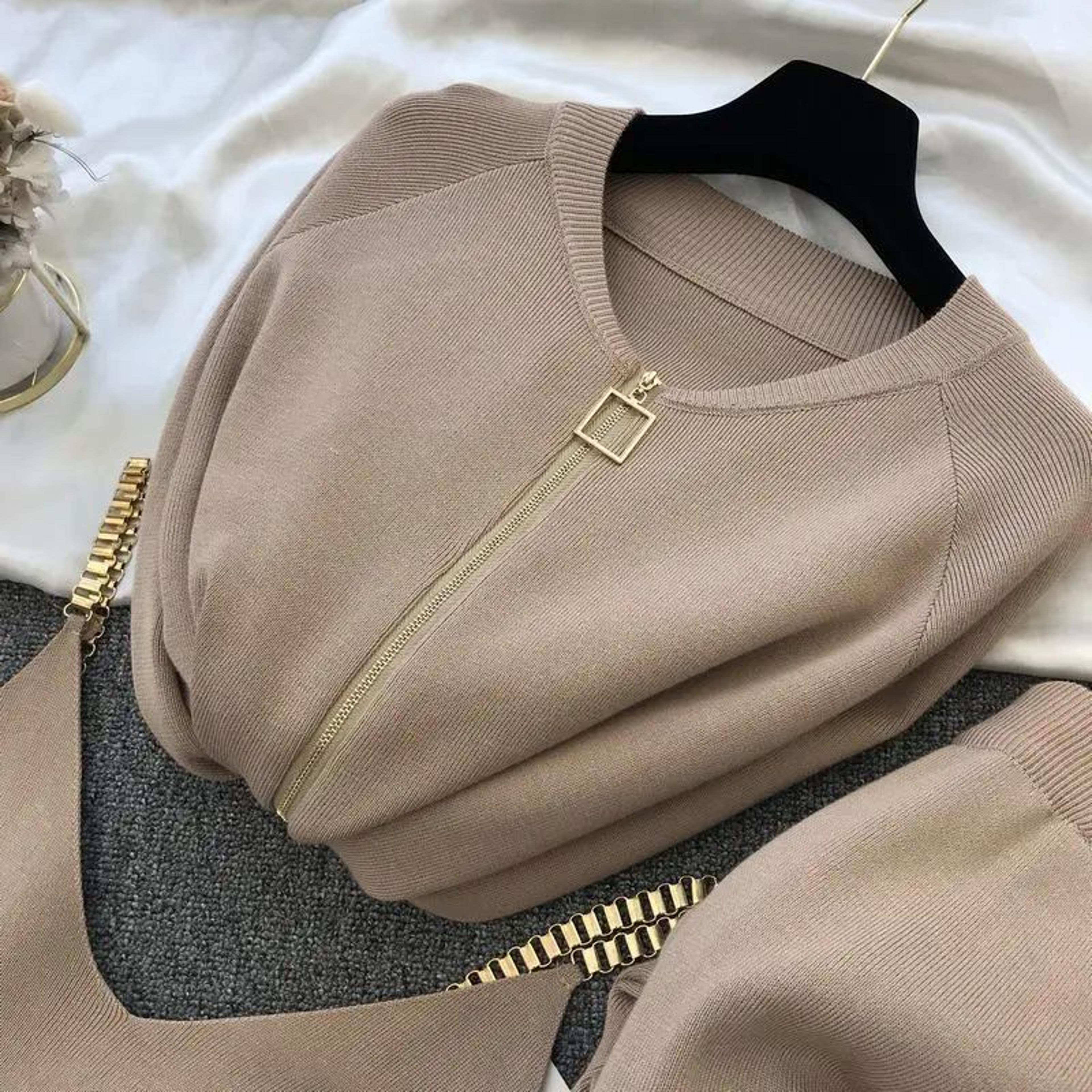 Womens 3Piece Knitted Cardigan Vest  Harem Pants Set  High Stretch Office Lady Sweater Outfit 3