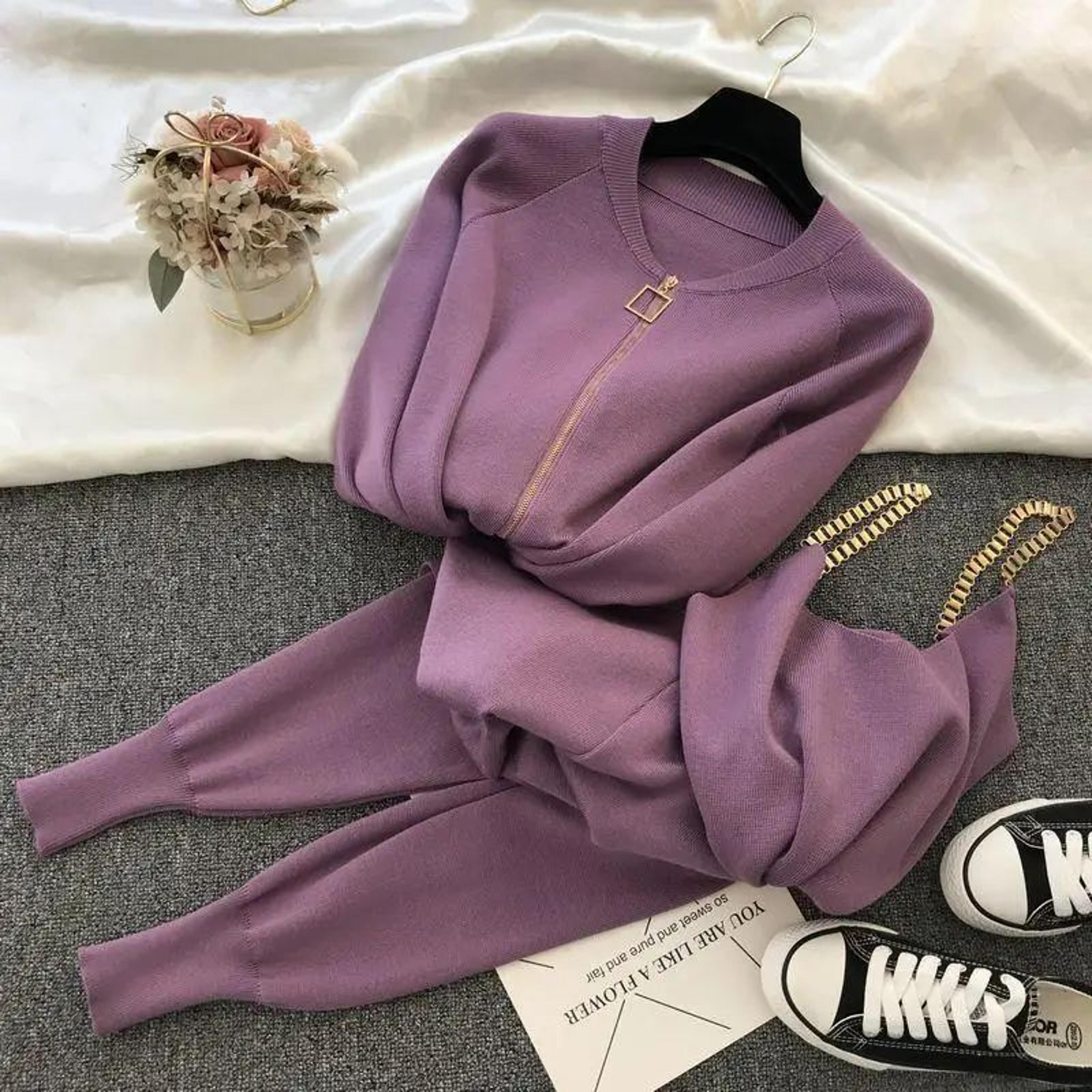 Womens 3Piece Knitted Cardigan Vest  Harem Pants Set  High Stretch Office Lady Sweater Outfit 7