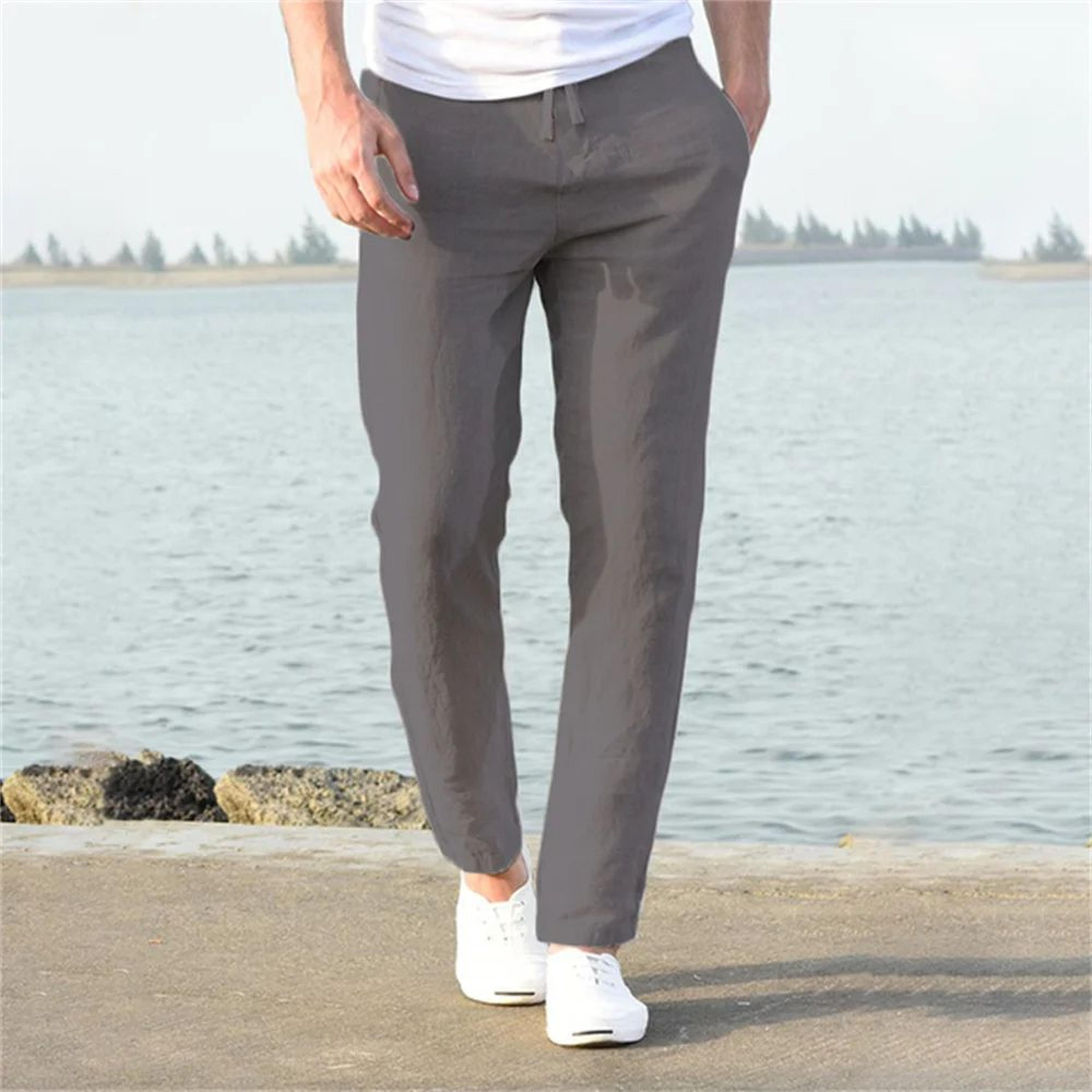 Mens Cotton Linen Breathable StraightLeg Pants  Casual Elastic Waist AnkleLength Streetwear Trouser 6