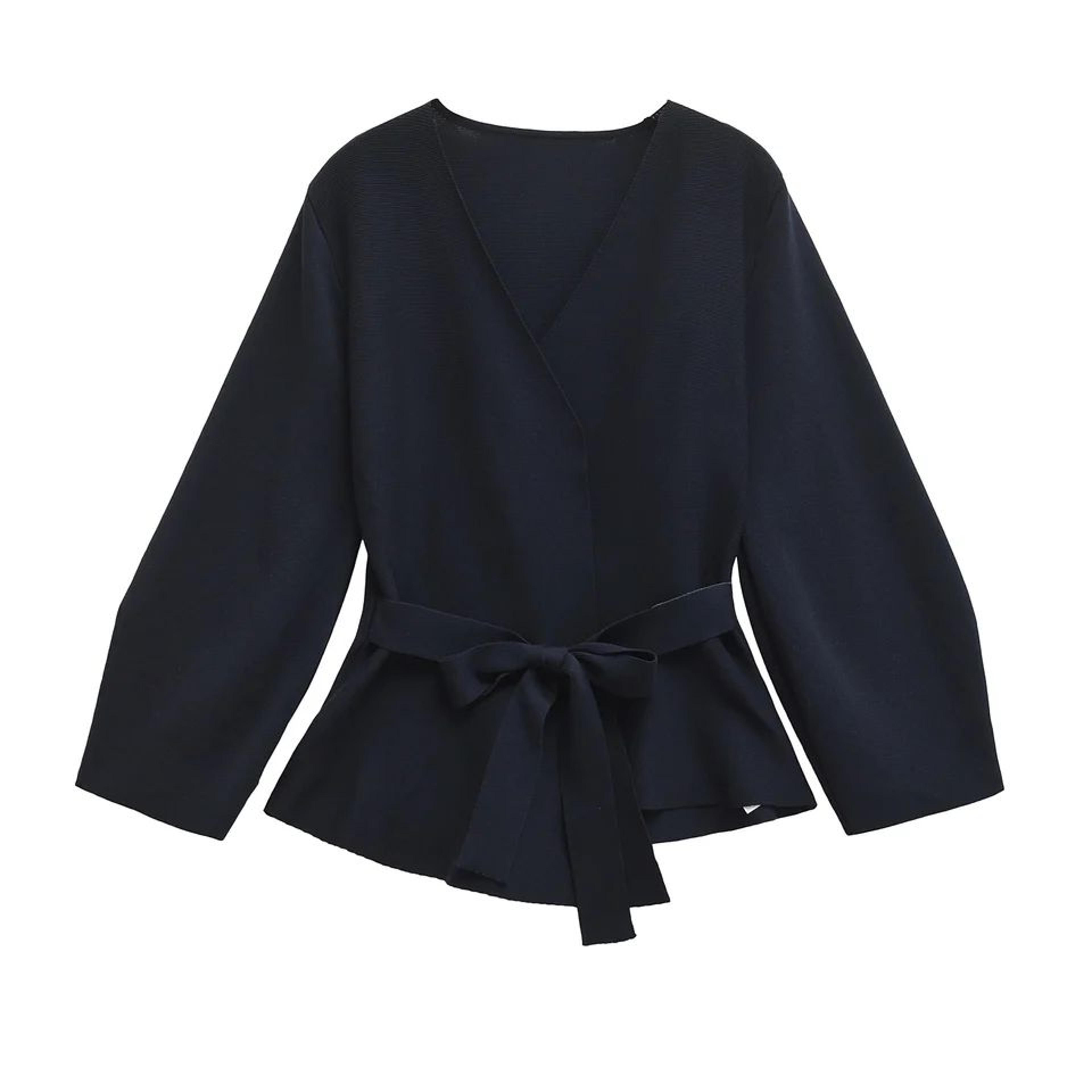 Womens Retro Knit Blazer With Belt  VNeck Shoulder Pad Office Lady Jacket 5