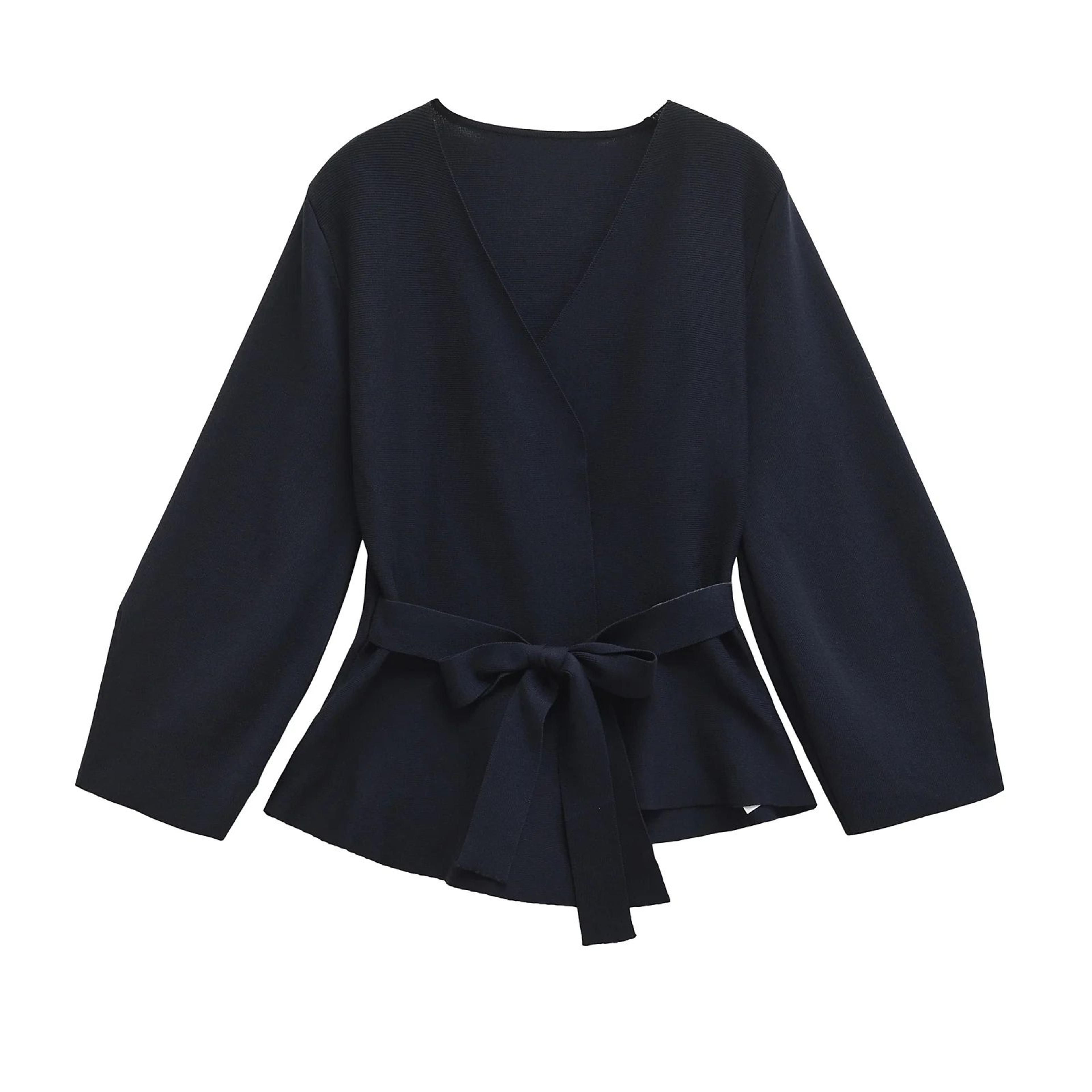 Womens Retro Knit Blazer With Belt  VNeck Shoulder Pad Office Lady Jacket 9