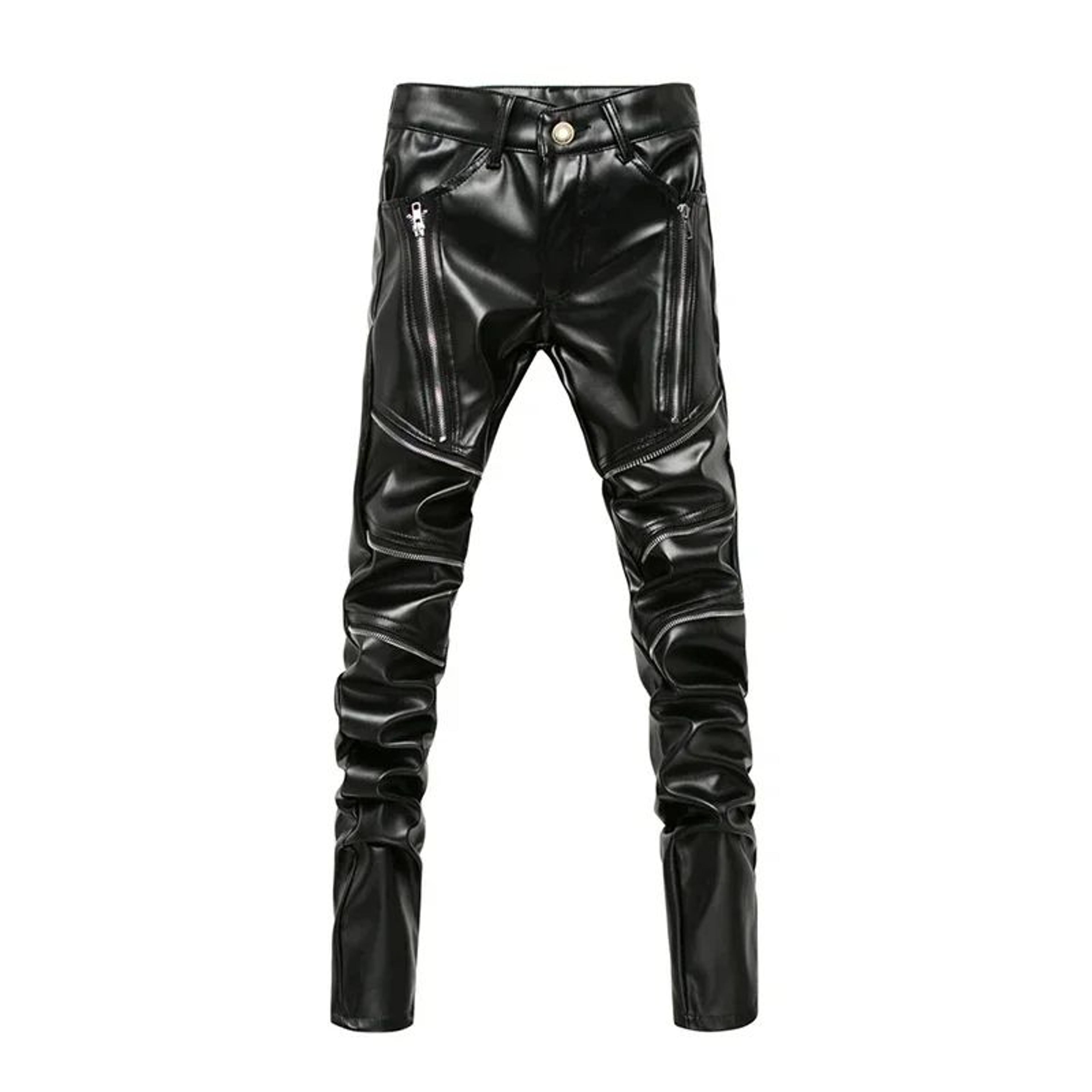 Mens High Waist PU Leather Skinny Biker Pants  Slim Fit Motorcycle Clubwear Trousers 5