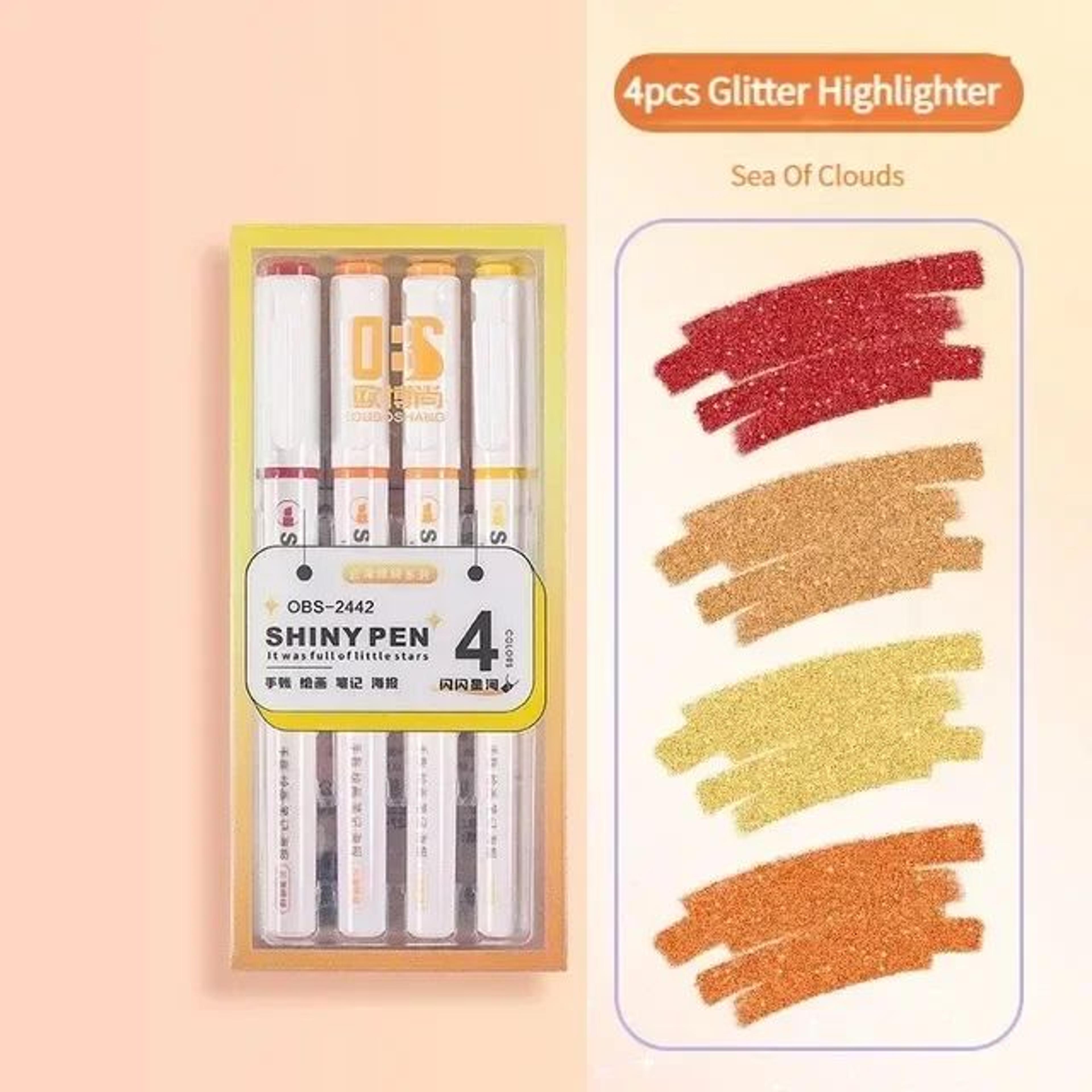 Kawaii Glitter Pastel Highlighter Pen Set  Fine Tip Sparkle Study  Scrapbook Markers 4 Colors 8