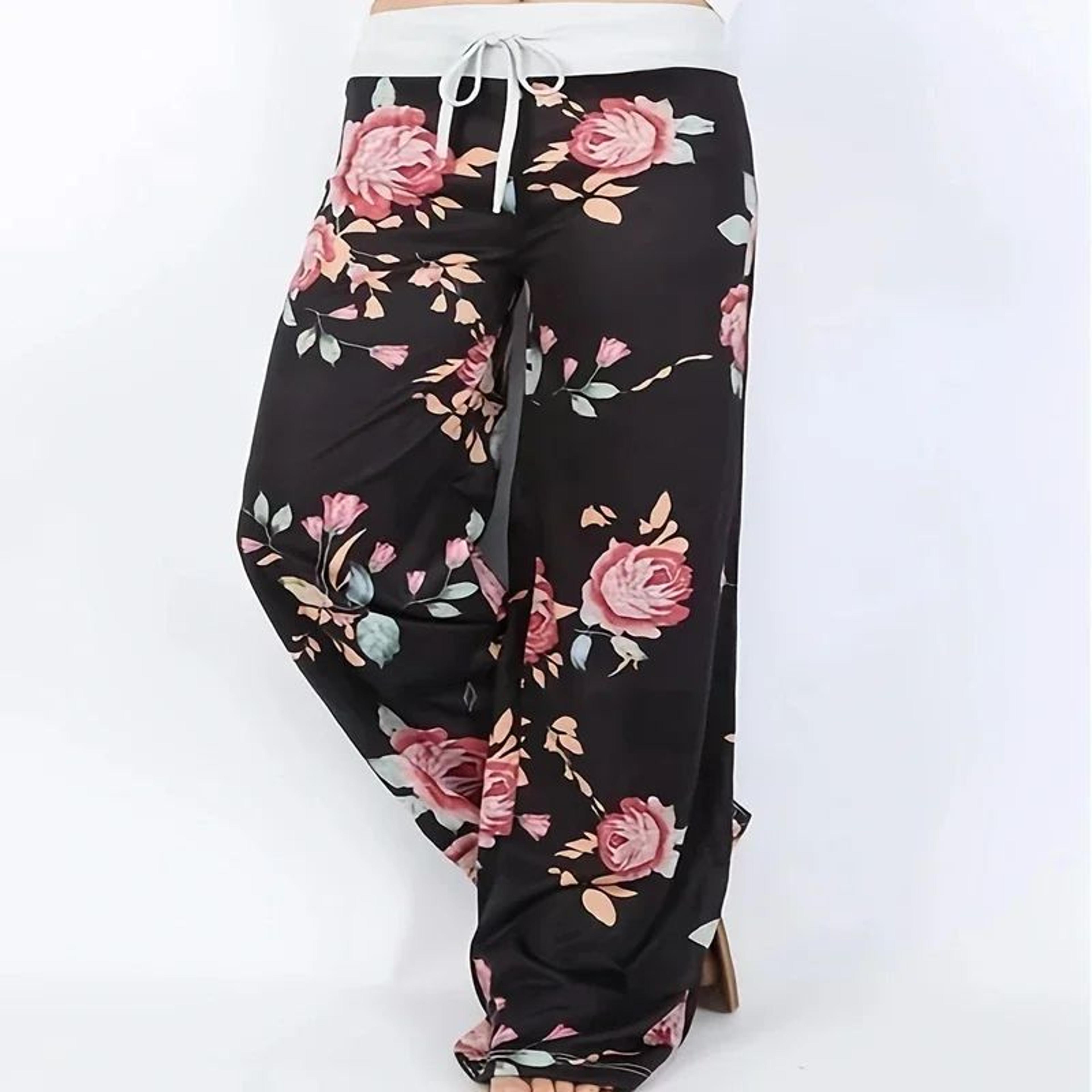 Womens Plus Size Floral Wide Leg Yoga Pants  Loose Fit Drawstring Casual Lounge Trousers 2