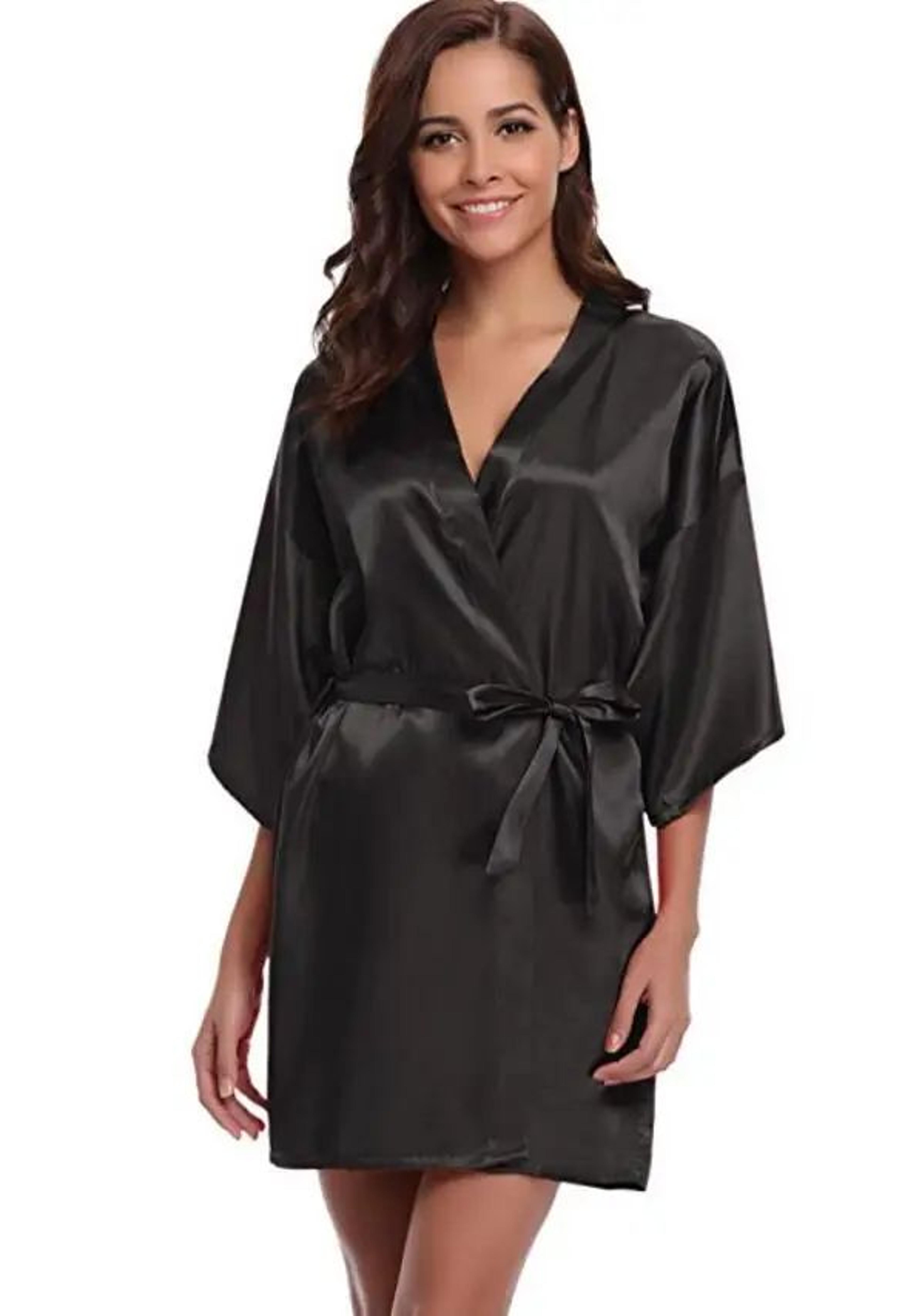 Womens Luxury Satin Silk Kimono Robe Navy Blue Bridesmaid Short Sleeve Bathrobe 14