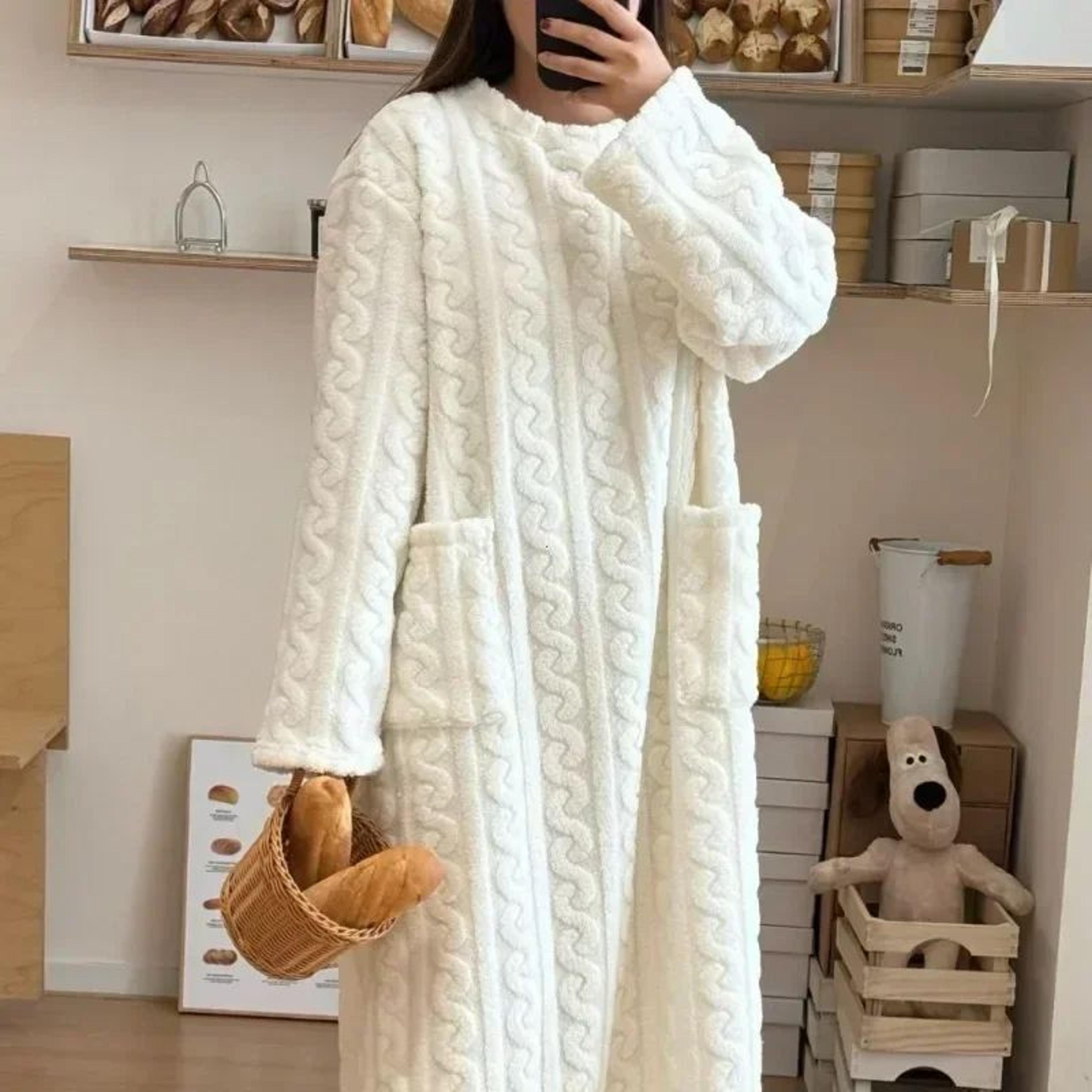Womens Winter Flannel Nightgown Long Sleeve Thick Coral Fleece Warm Sleep Dress With Pockets 5