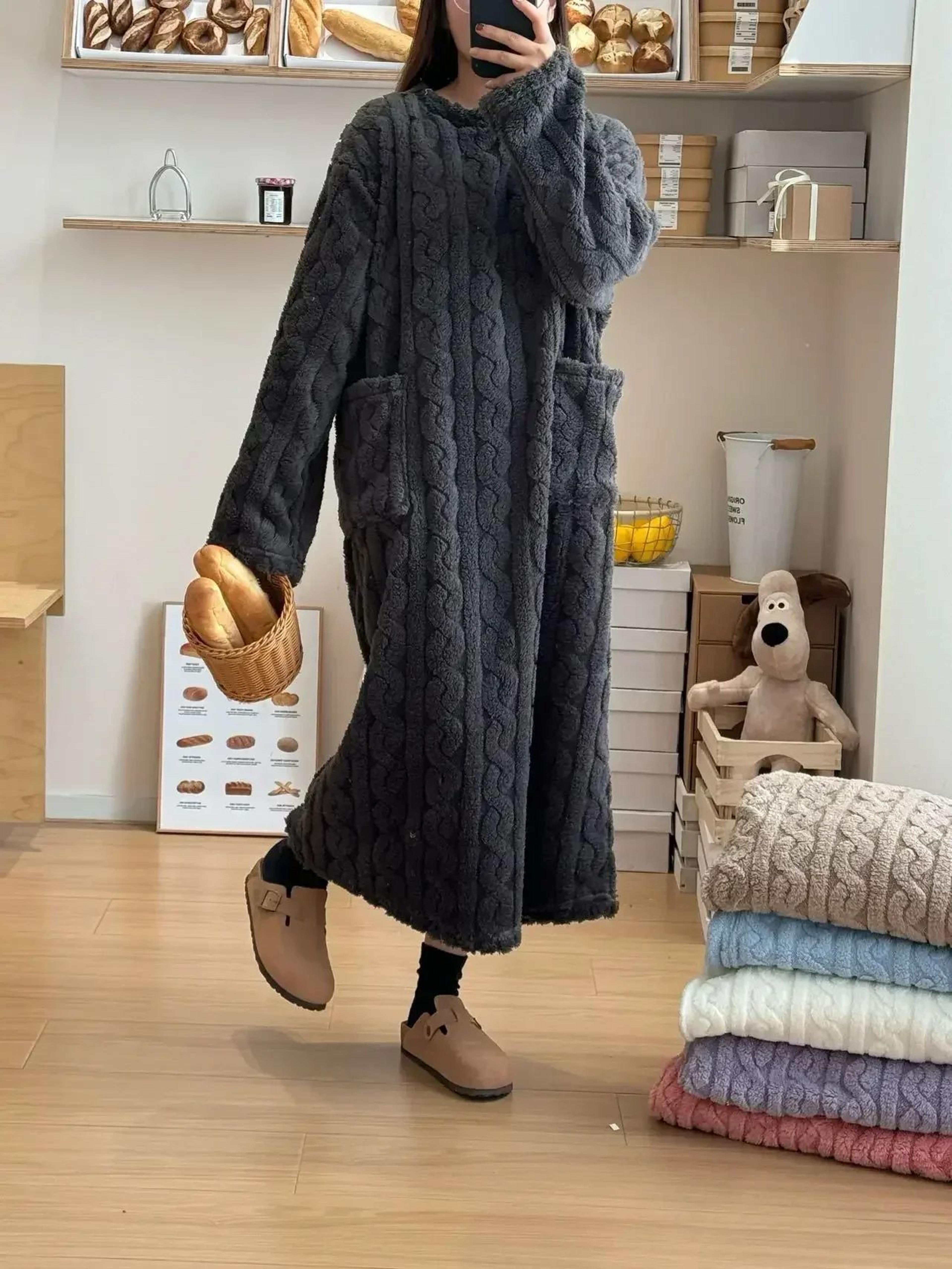 Womens Winter Flannel Nightgown Long Sleeve Thick Coral Fleece Warm Sleep Dress With Pockets 6