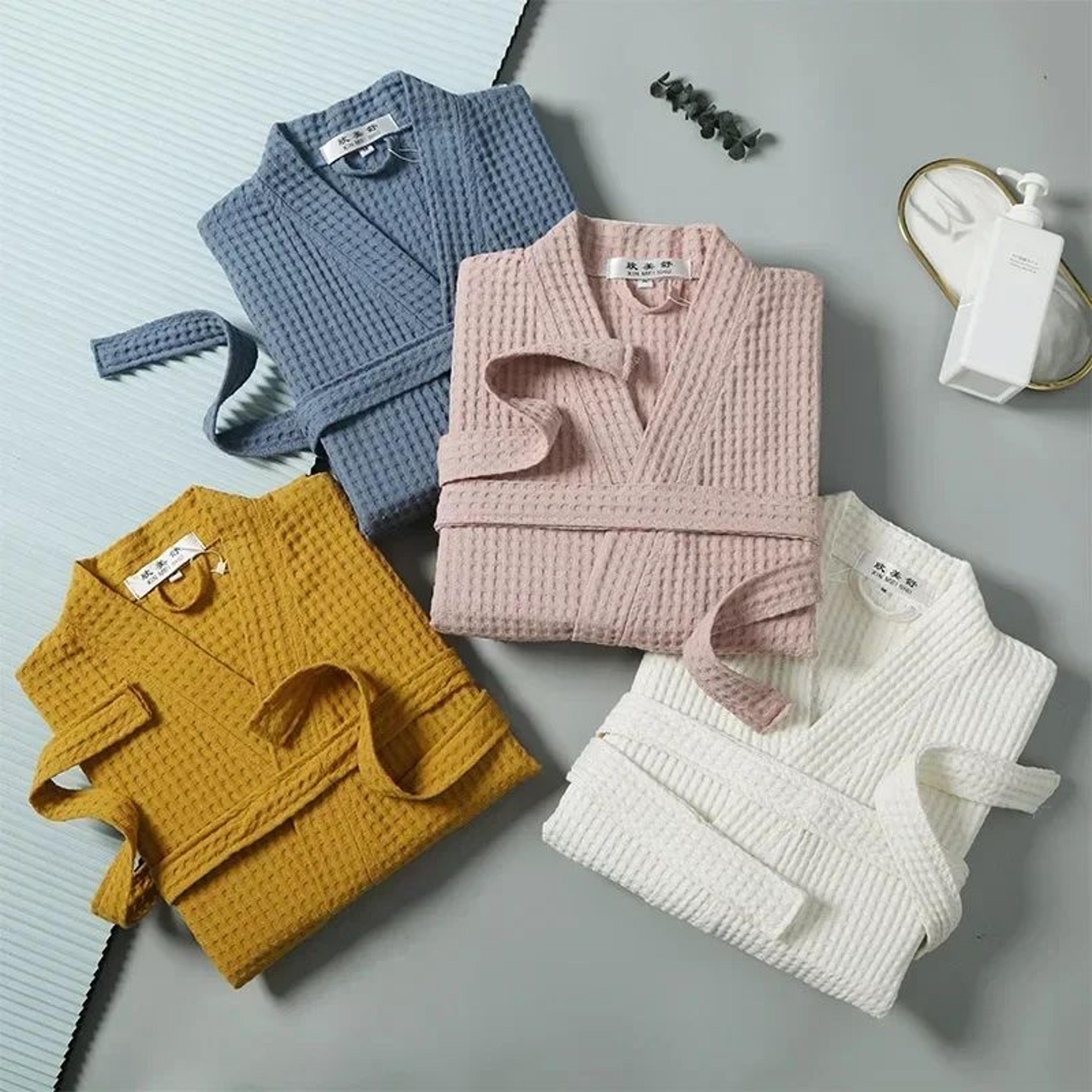 Couple Cotton Terry Waffle Bathrobe Lightweight Long Sleeve Spa Hotel Lounge Robe 3
