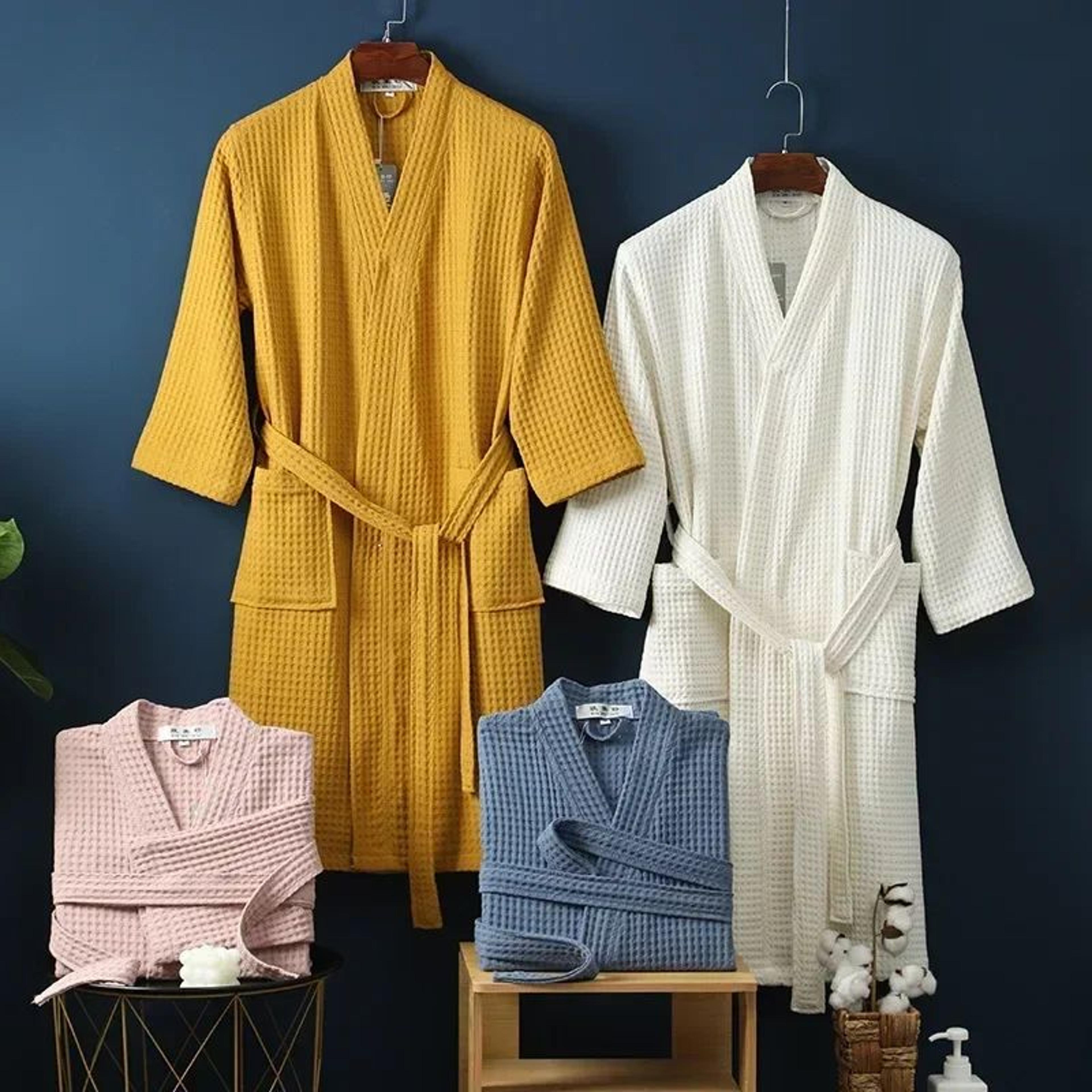 couple cotton terry waffle bathrobe lightweight long sleeve spa hotel lounge robe