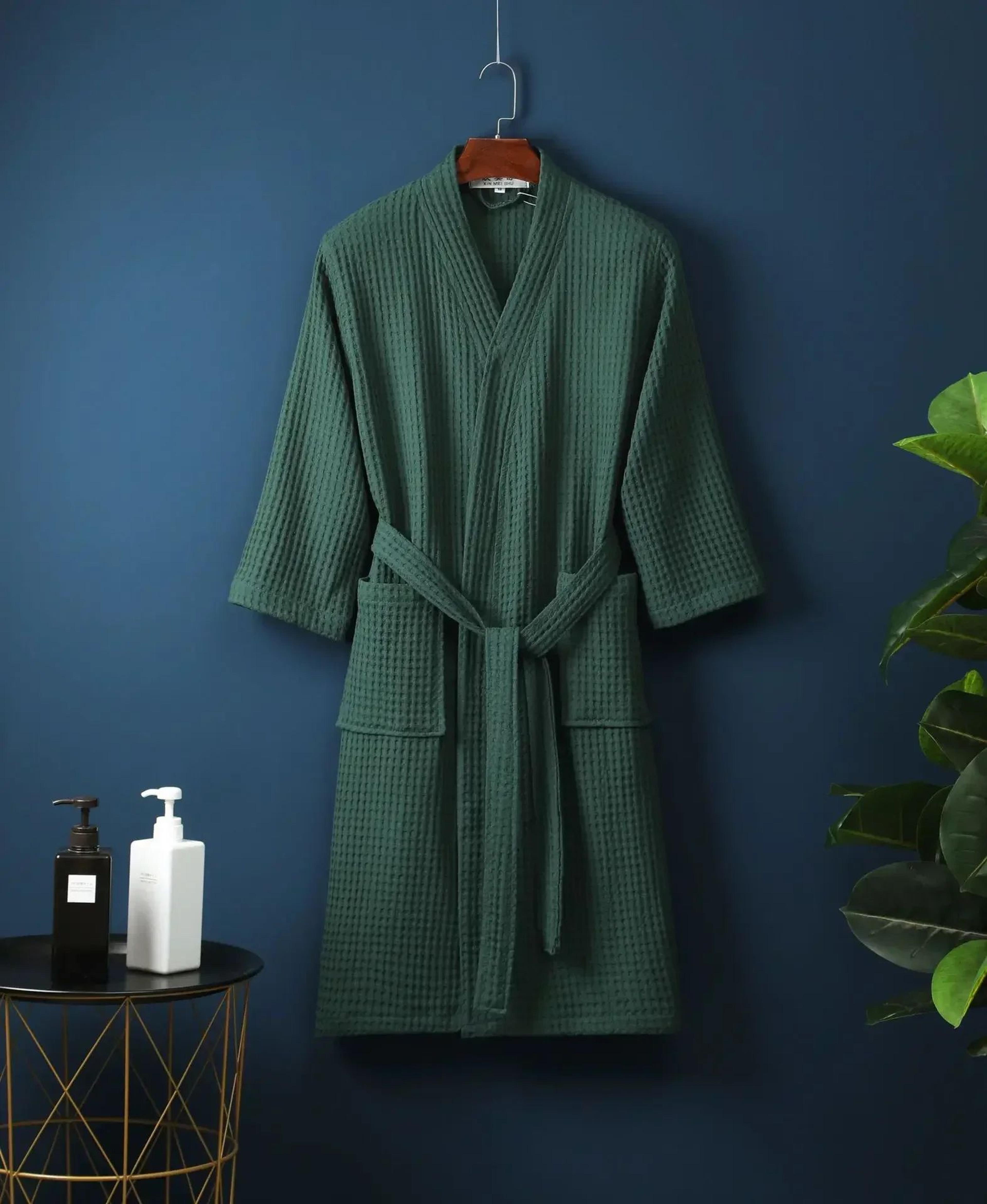 Couple Cotton Terry Waffle Bathrobe Lightweight Long Sleeve Spa Hotel Lounge Robe 8