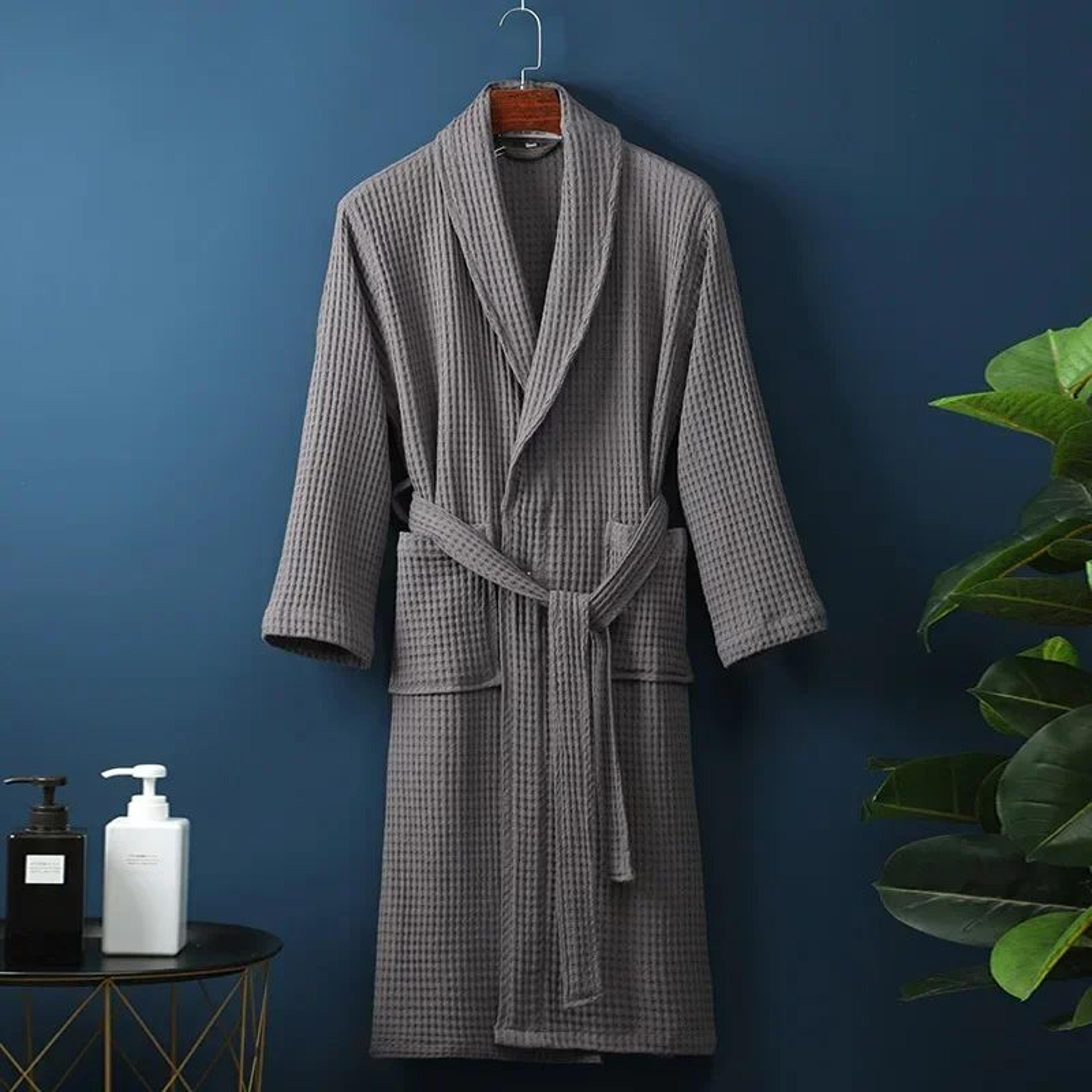 Couple Cotton Terry Waffle Bathrobe Lightweight Long Sleeve Spa Hotel Lounge Robe 16