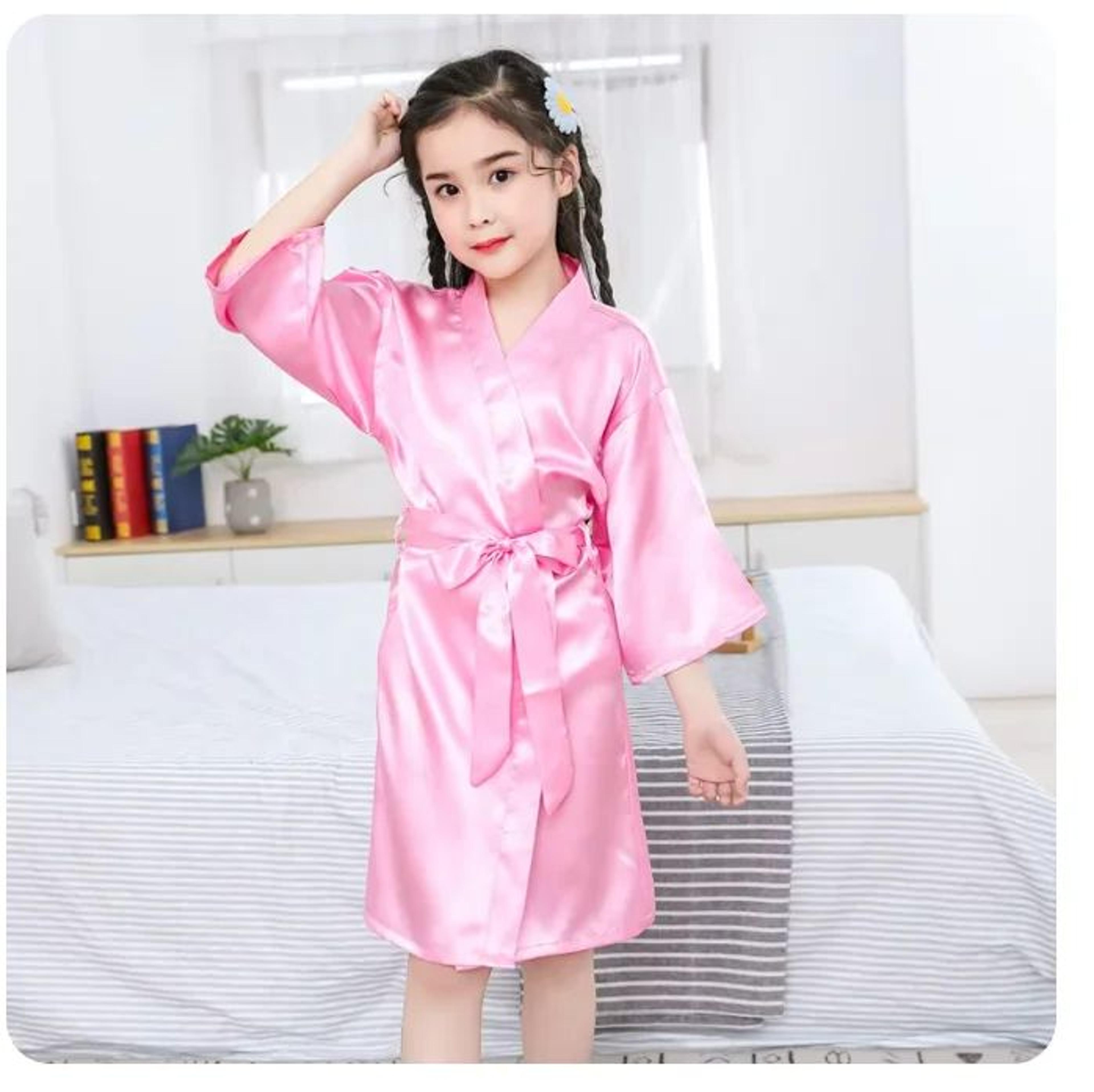 Girls Pink Satin Silk Kimono Robe Kids Short Sleeve Bathrobe Summer Sleepwear Party Dress 3