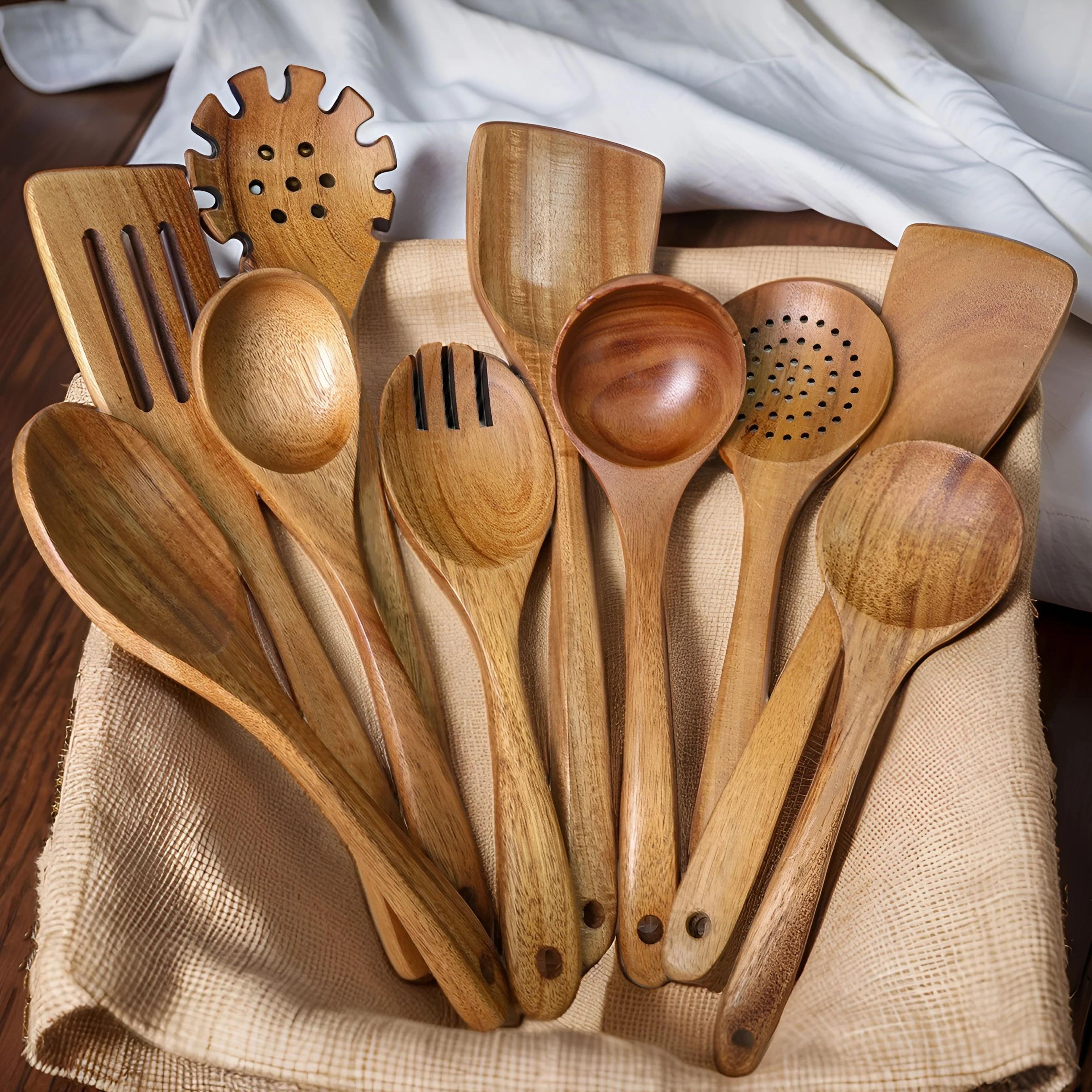 10Piece Wooden Kitchen Utensils Set Natural Cooking Spoons Tools For NonStick Cookware 3