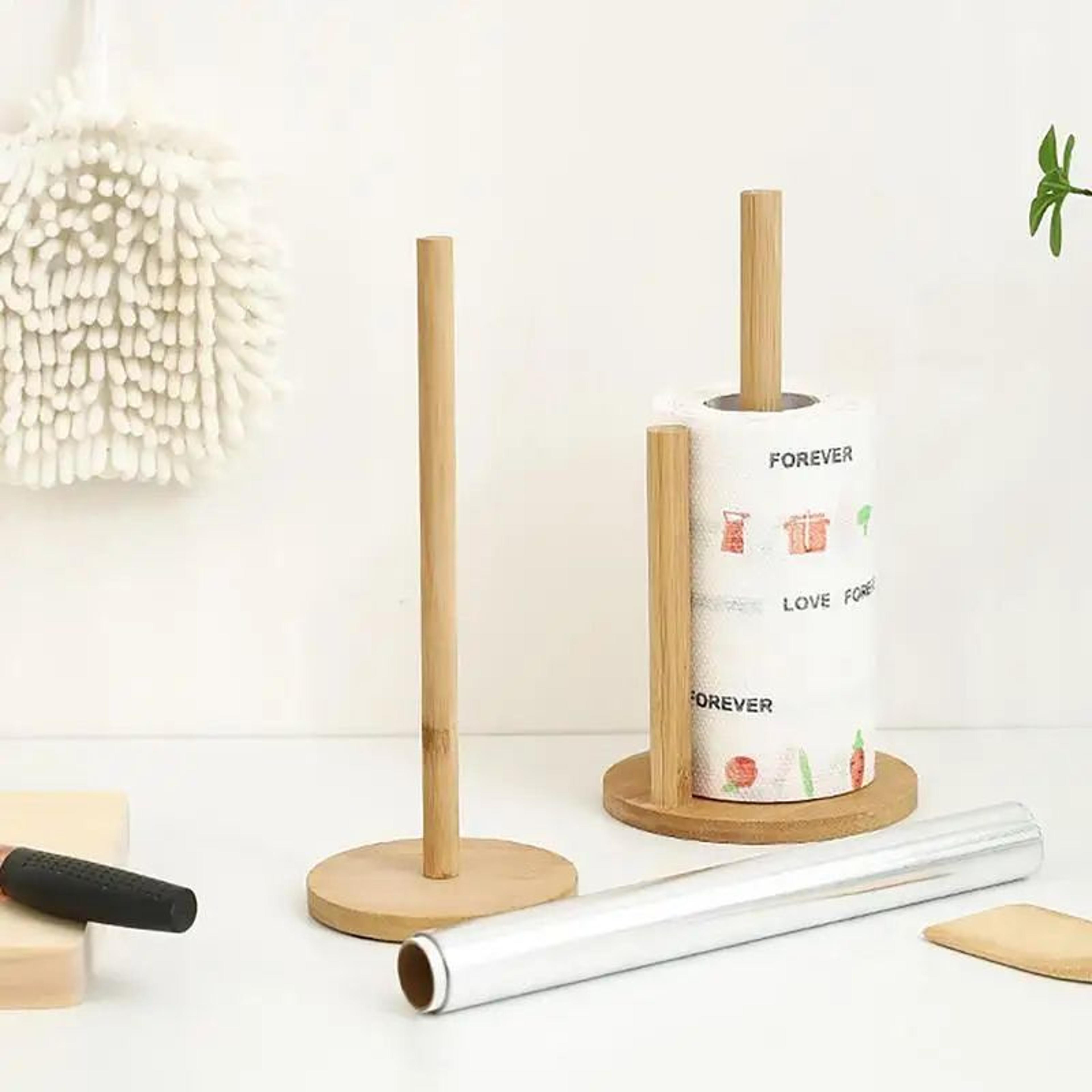 Natural Bamboo Paper Towel Holder Stand  Vertical Kitchen  Bathroom Tissue Roll Organizer With NonS 1