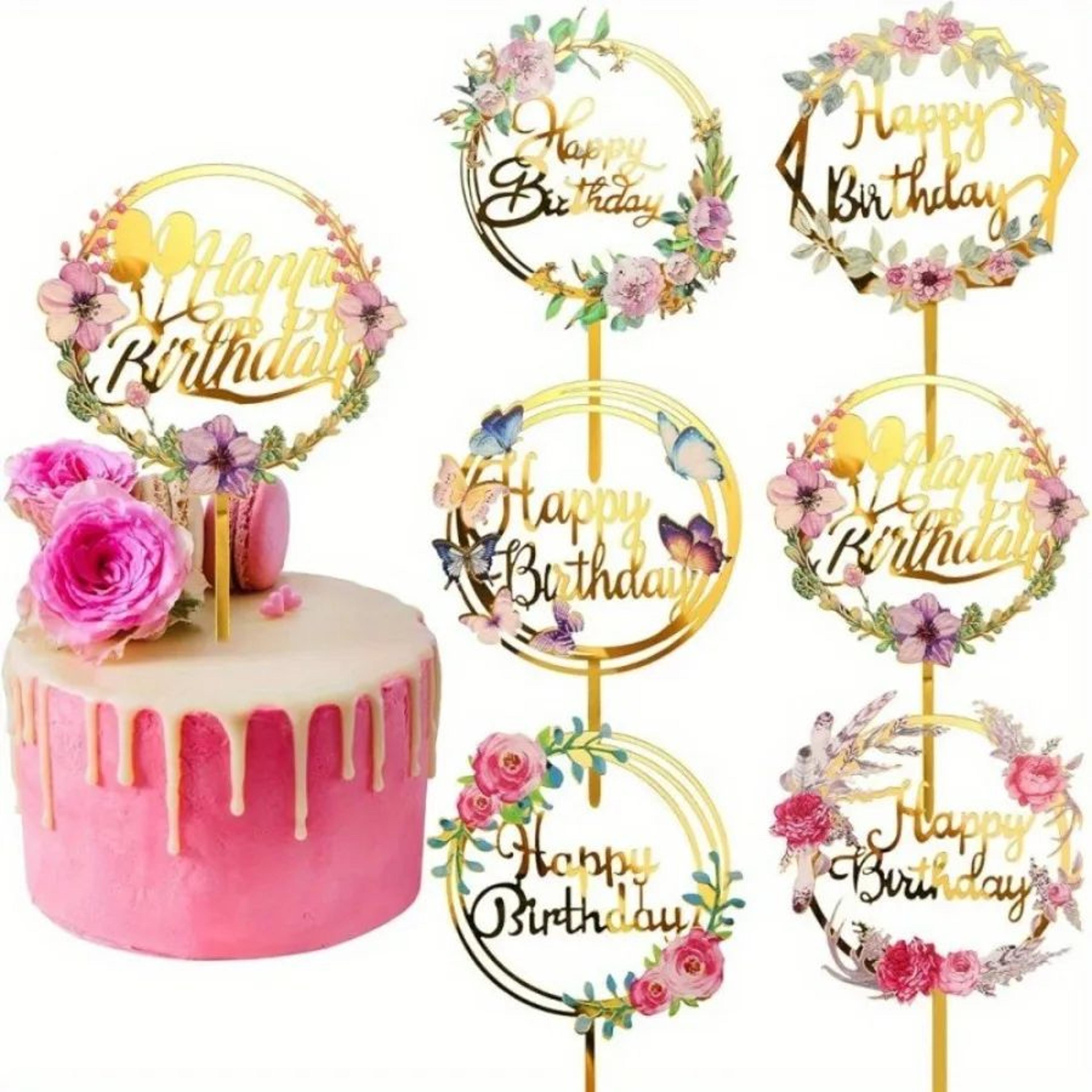 gold happy birthday cake topper – acrylic flower cupcake & party decoration