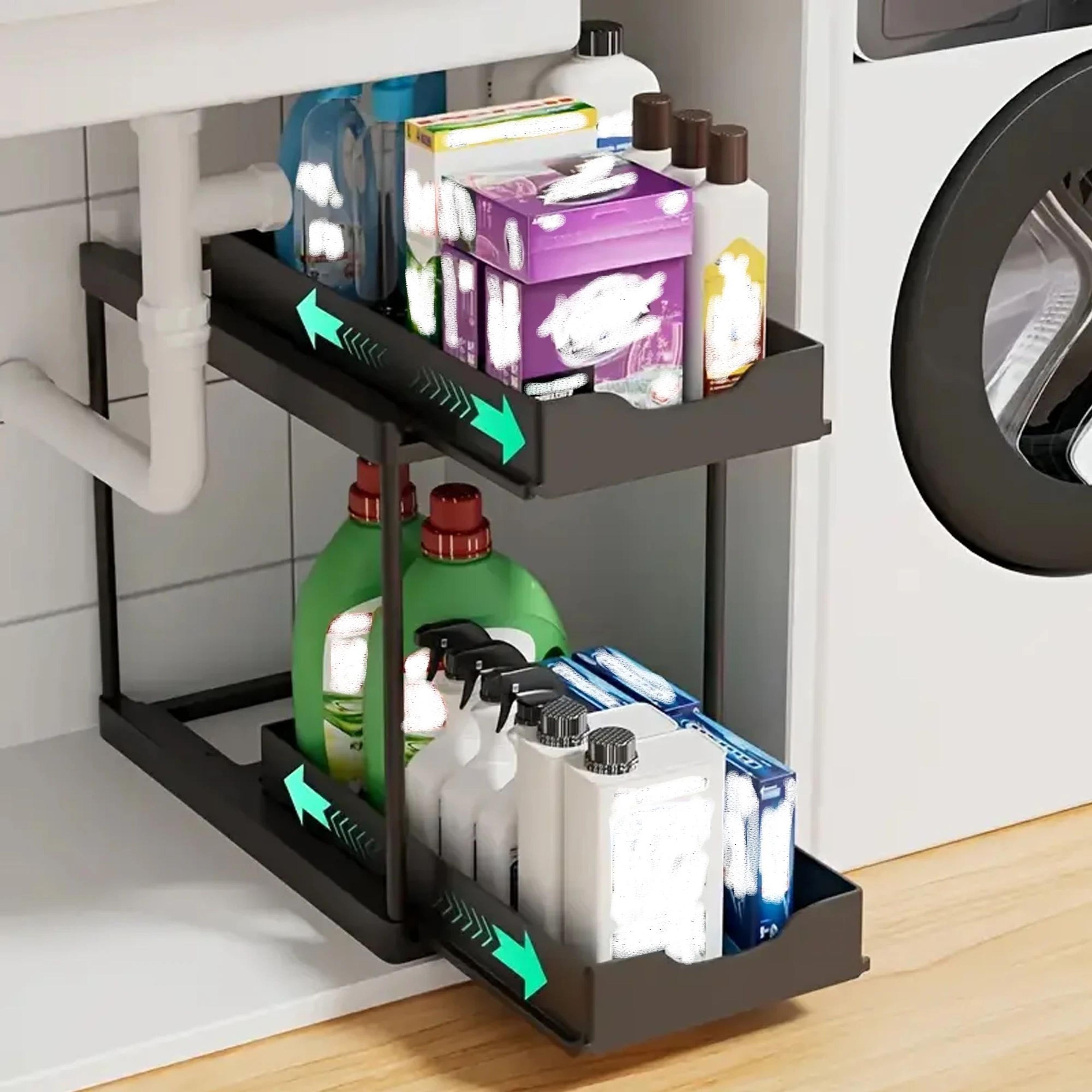 DoubleLayer PullOut Under Sink Organizer  Sliding Storage Rack With Hooks For Kitchen  Bathroom 0
