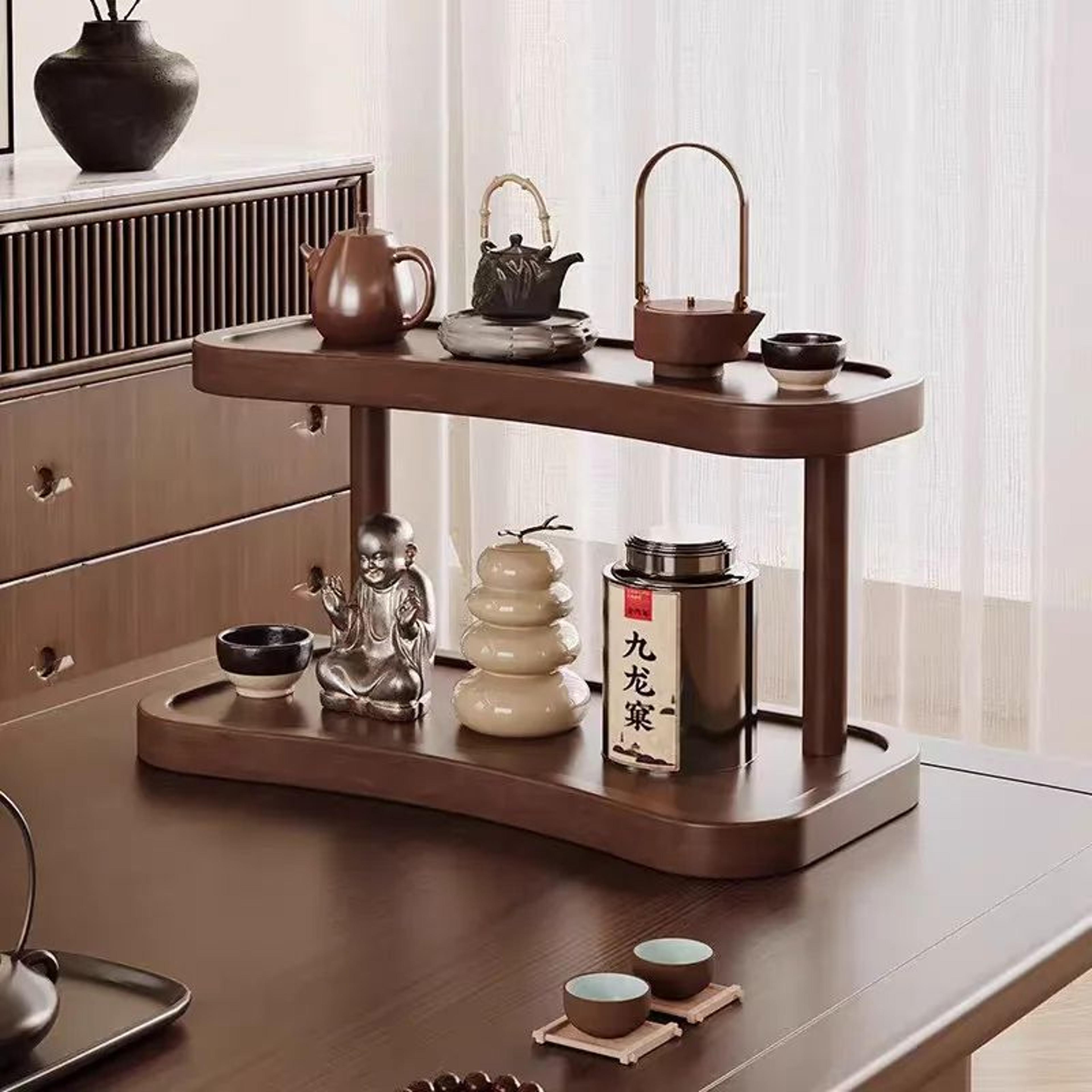2-tier bamboo makeup & mug organizer shelf – wooden countertop storage rack for vanity, kitchen & coffee bar