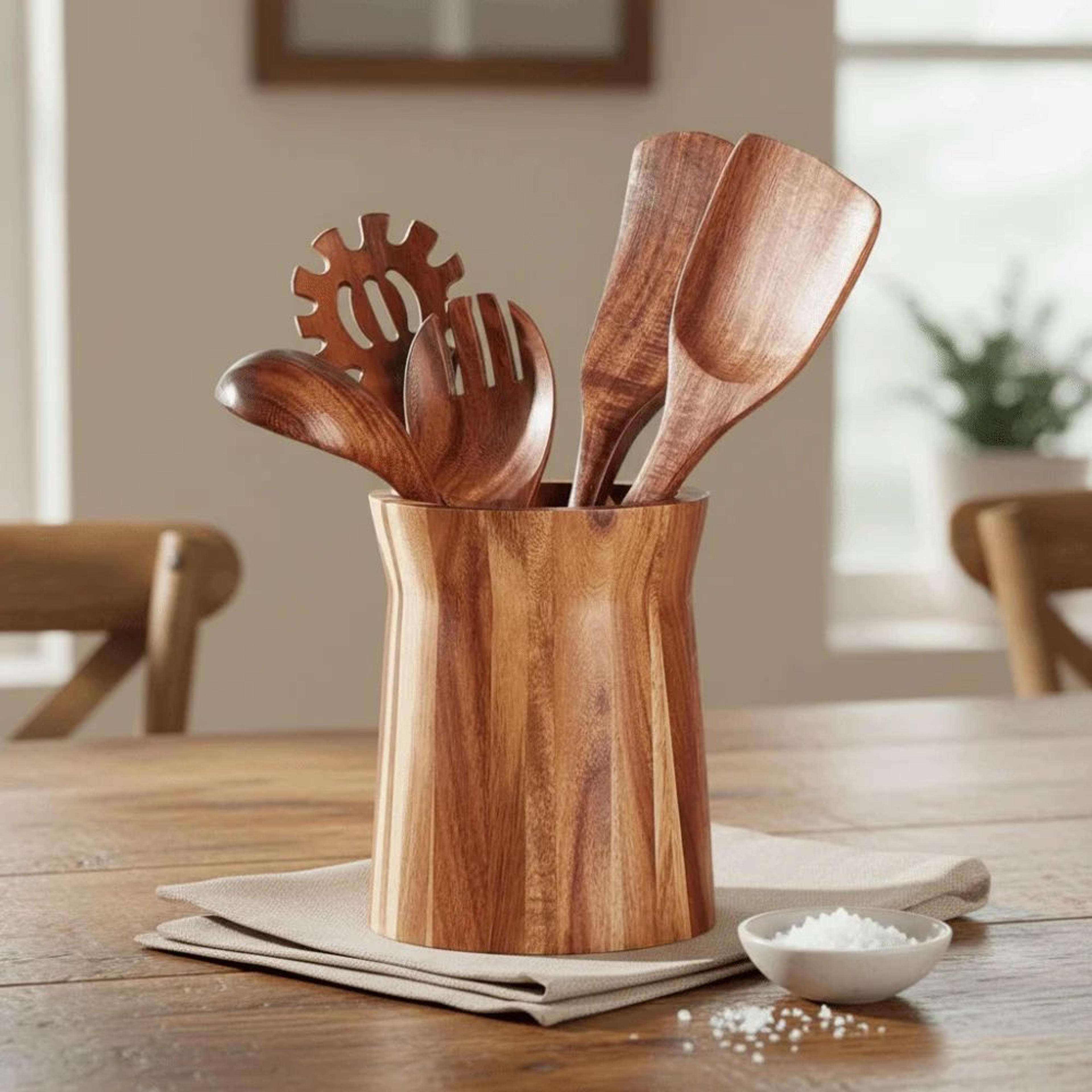 360 Rotating Wooden Utensil Organizer  Farmhouse Trapezoid Cutlery  Chopstick Holder Rack 2
