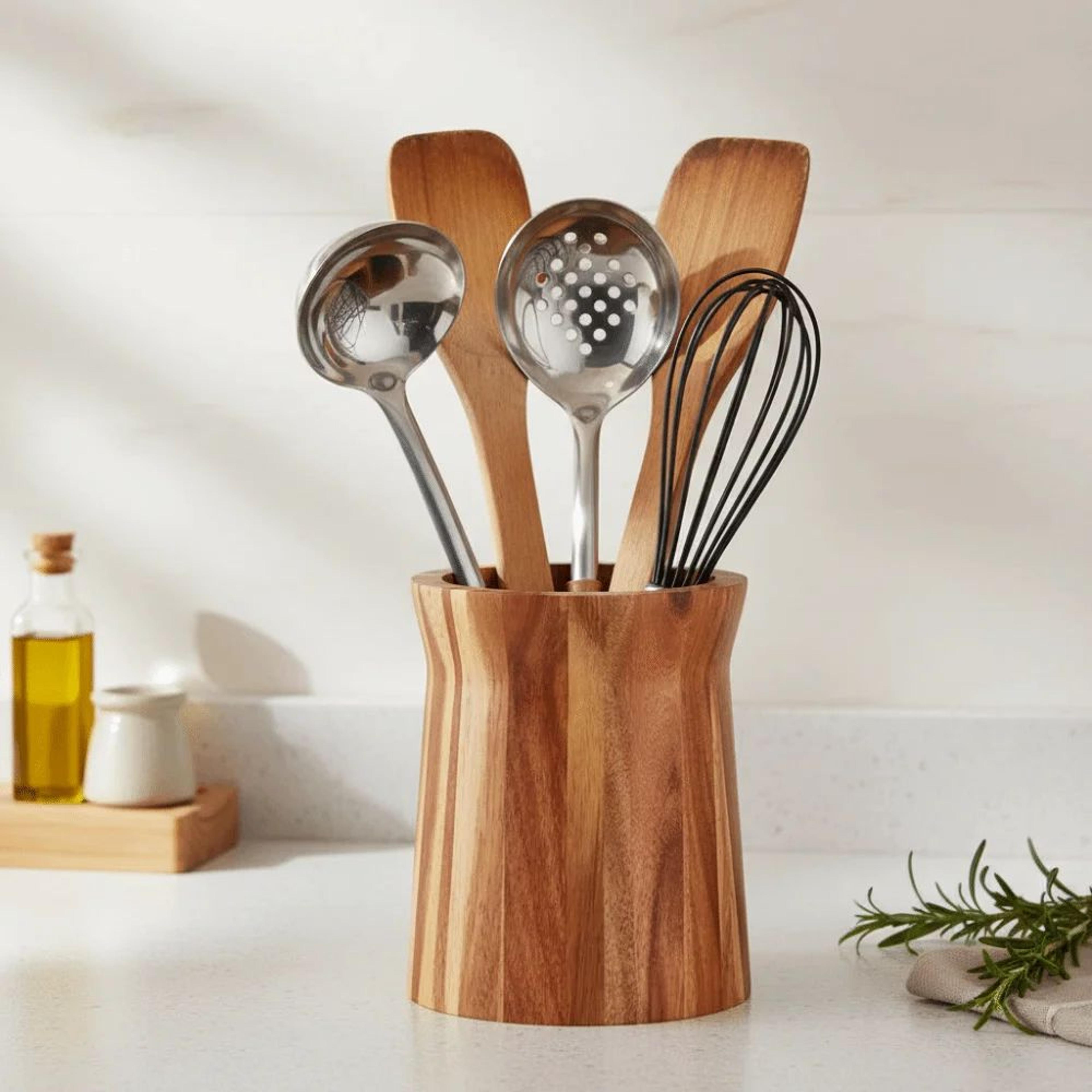 360 Rotating Wooden Utensil Organizer  Farmhouse Trapezoid Cutlery  Chopstick Holder Rack 4