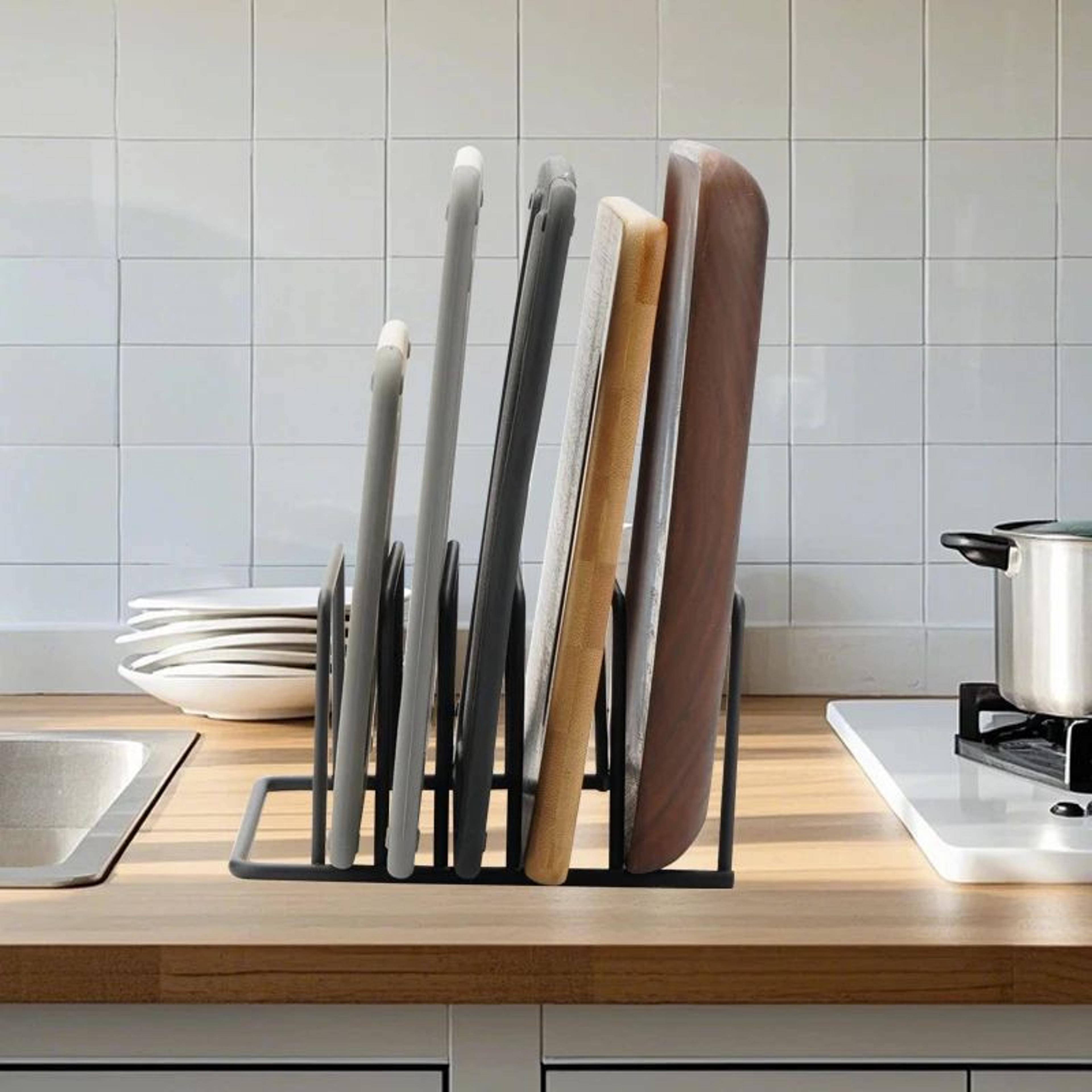 5-tier metal cutting board organizer rack – space-saving kitchen holder for boards, bakeware & trays