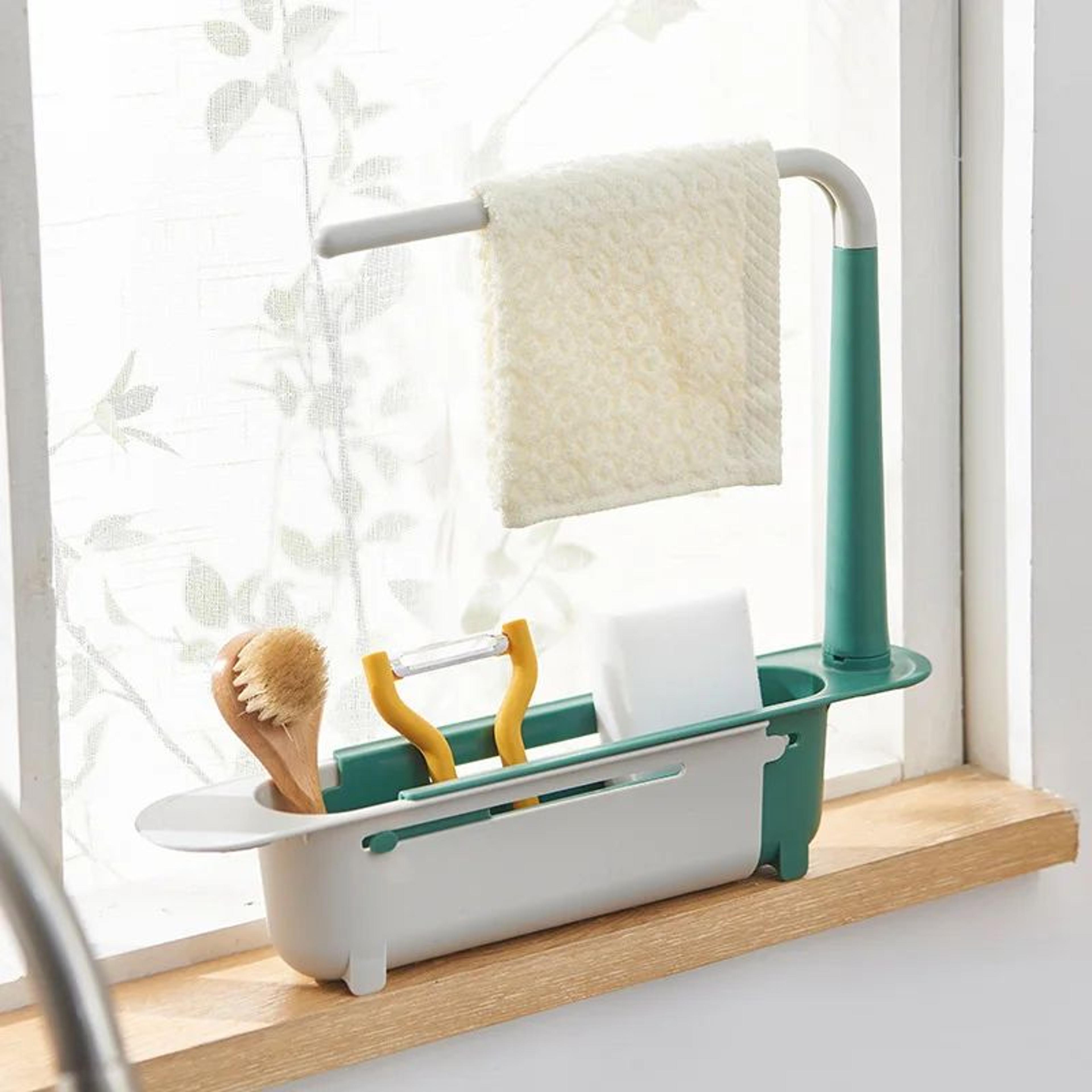 ExtendoSink Telescopic Sink Organizer Rack  Adjustable Soap Sponge Holder With Drain Basket  Towel  2