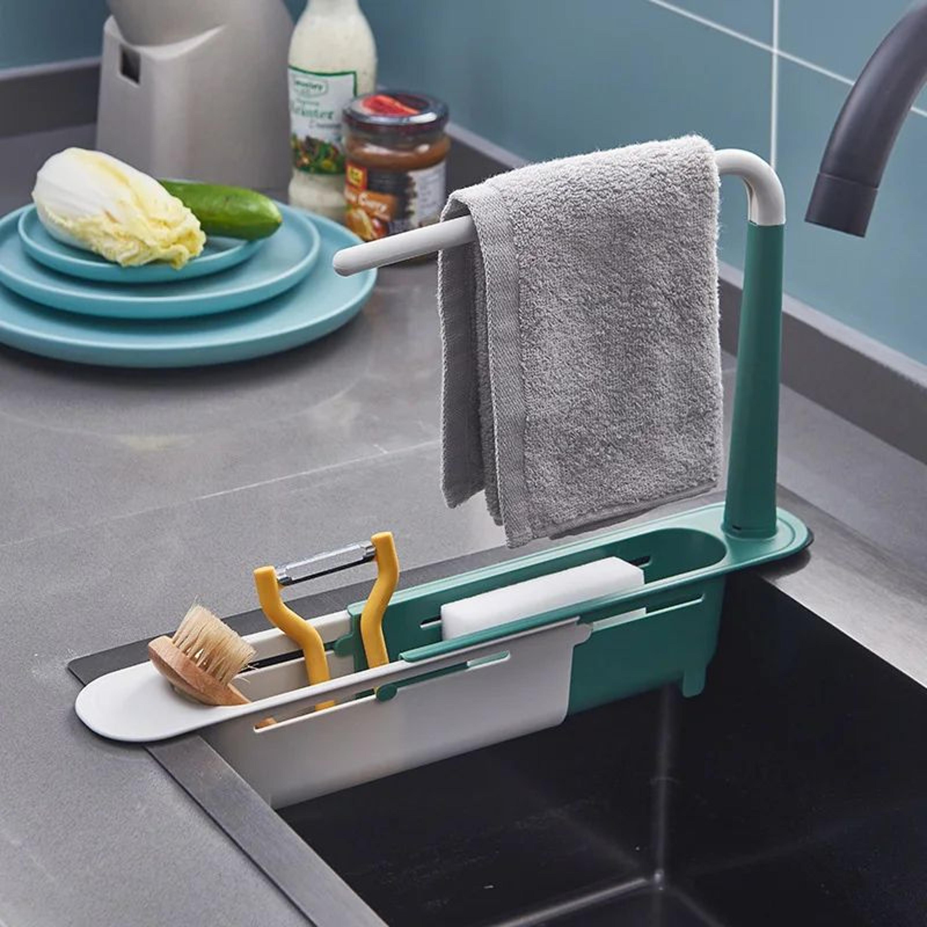 ExtendoSink Telescopic Sink Organizer Rack  Adjustable Soap Sponge Holder With Drain Basket  Towel  4