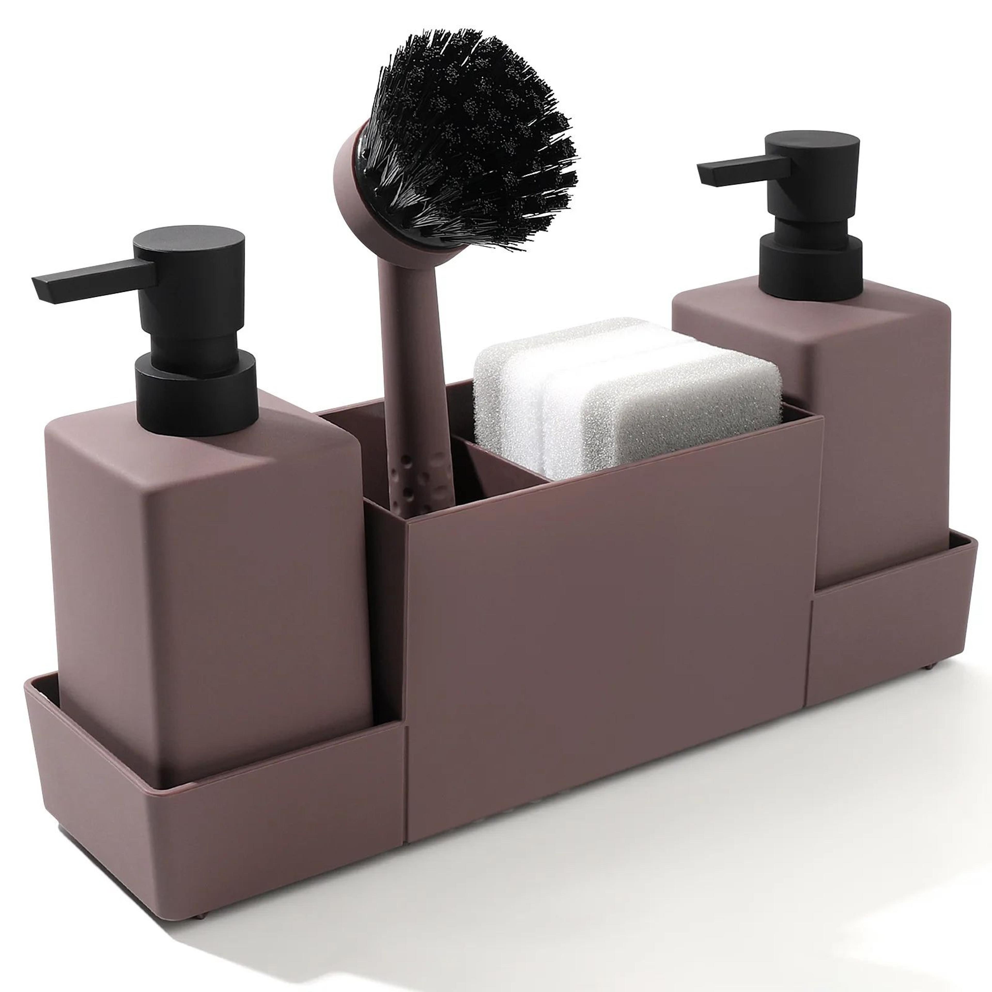 CleanFlow Kitchen Soap Dispenser With Sponge Holder  Sink Caddy Organizer Set Matte Black 6