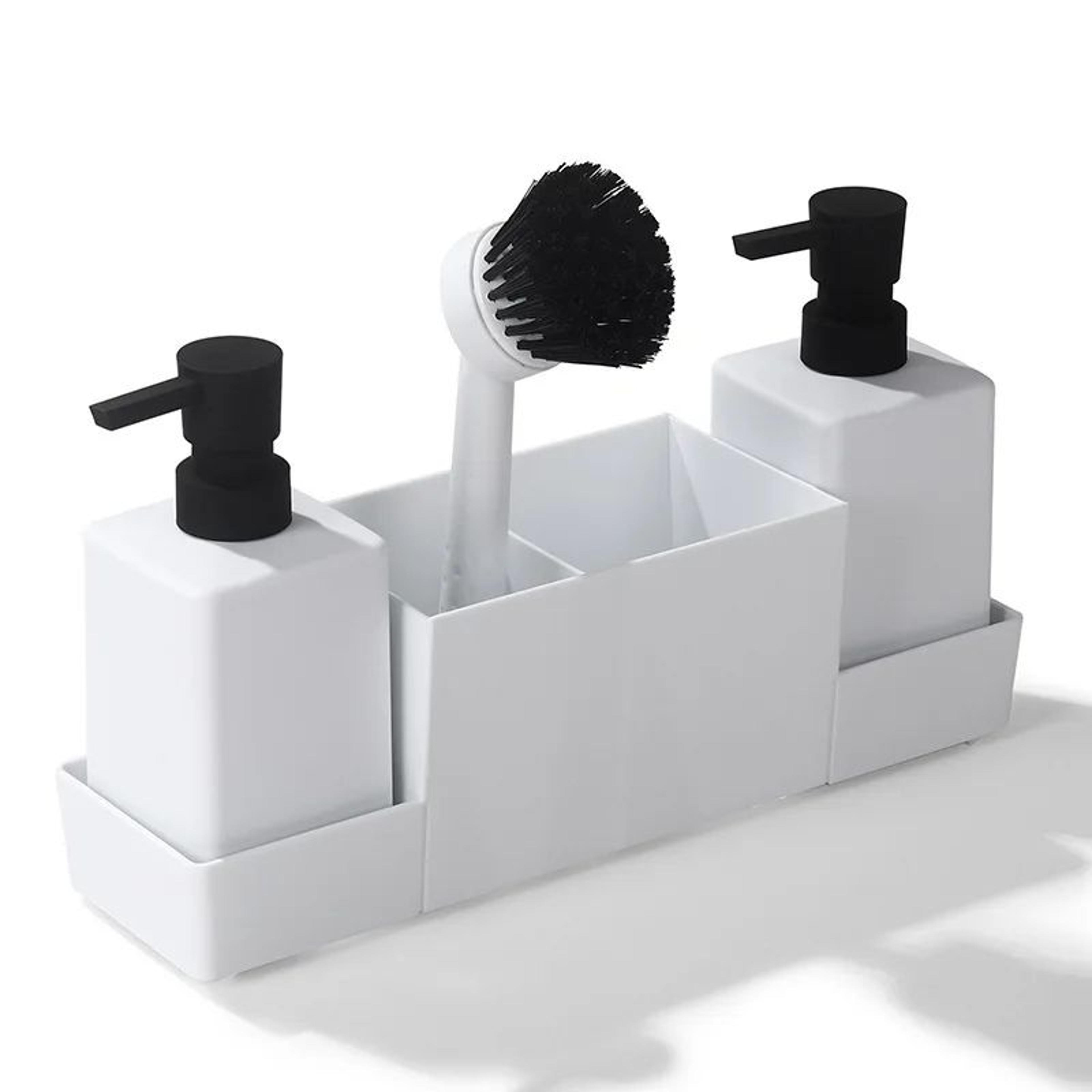CleanFlow Kitchen Soap Dispenser With Sponge Holder  Sink Caddy Organizer Set Matte Black 7