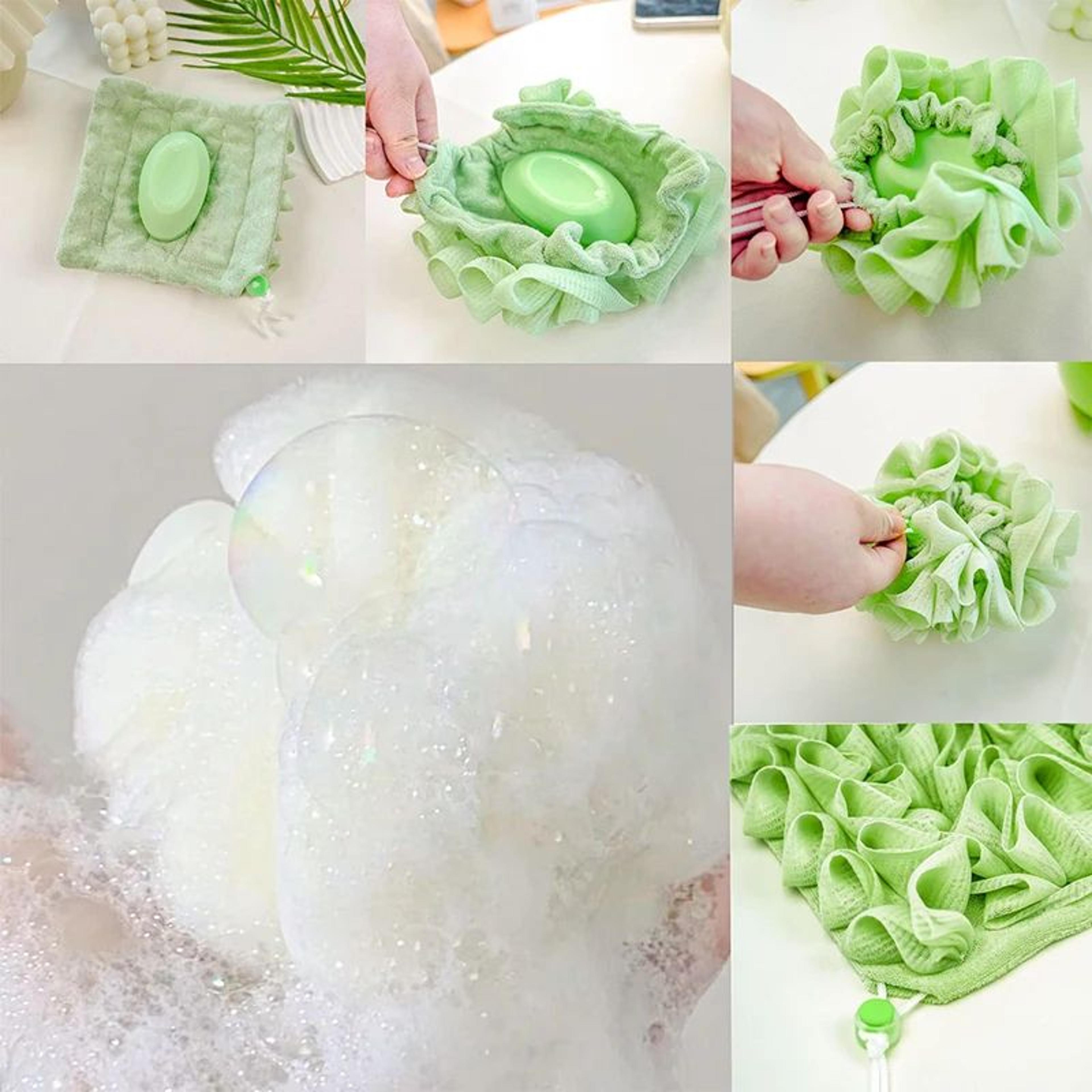 LuxeFoam 2in1 Bath Loofah Sponge  Soft Exfoliating Mesh Shower Puff With Soap Drawstring 4