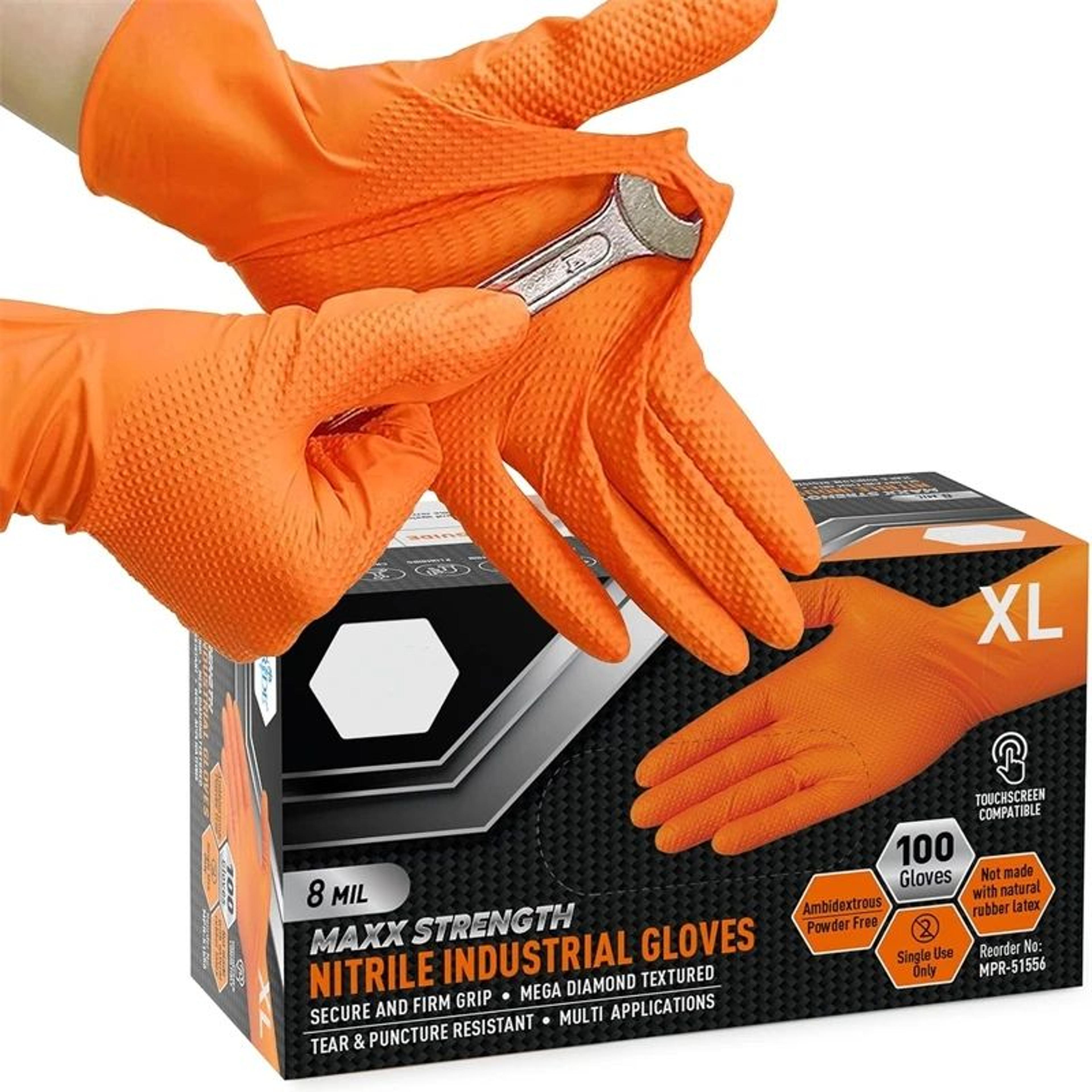 heavy-duty orange nitrile gloves 8 mil – diamond grip industrial disposable work gloves for mechanics & safety