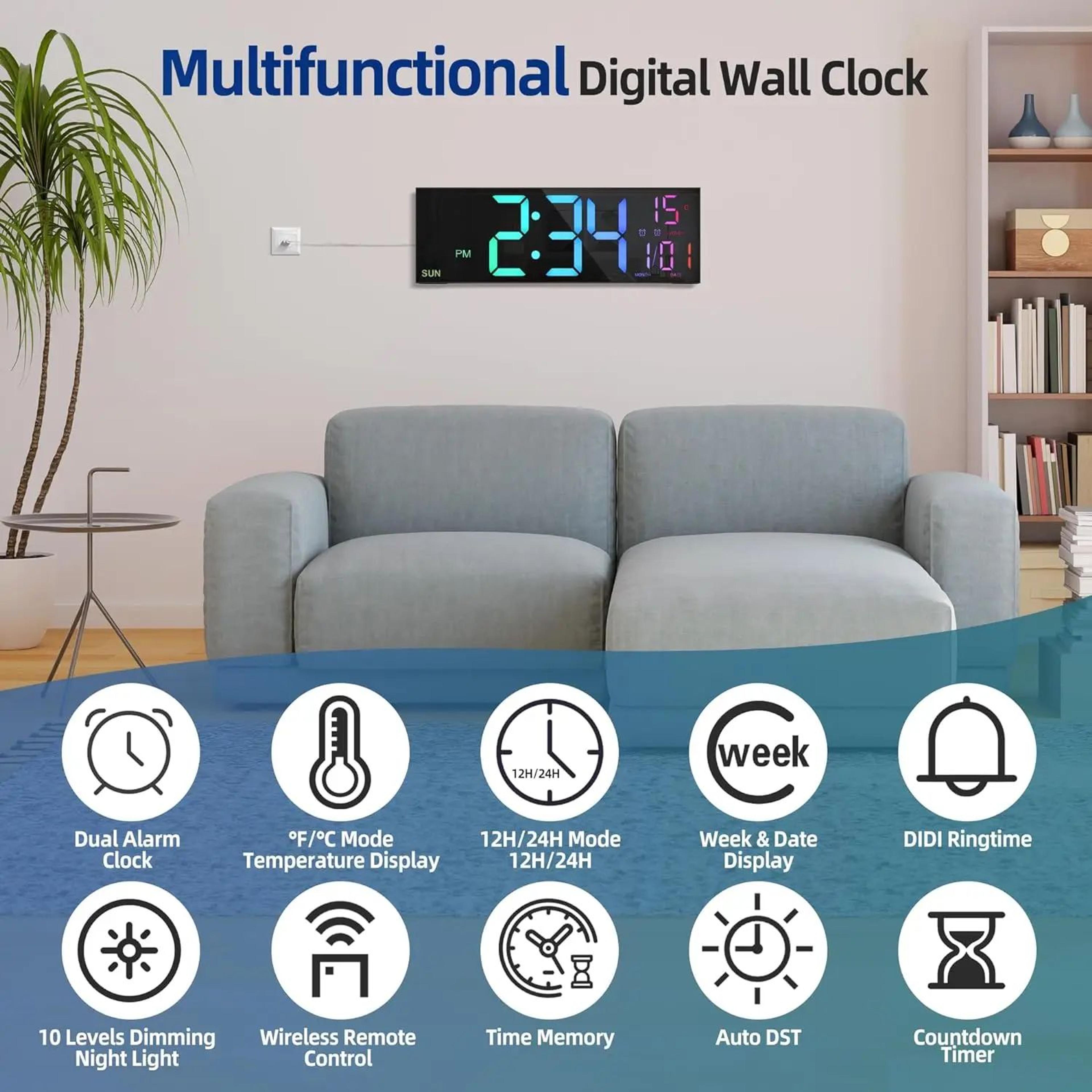 162in Large Digital Wall Clock  LED RGB Display Remote Control Dual Alarm  Auto Dimming Clock 4