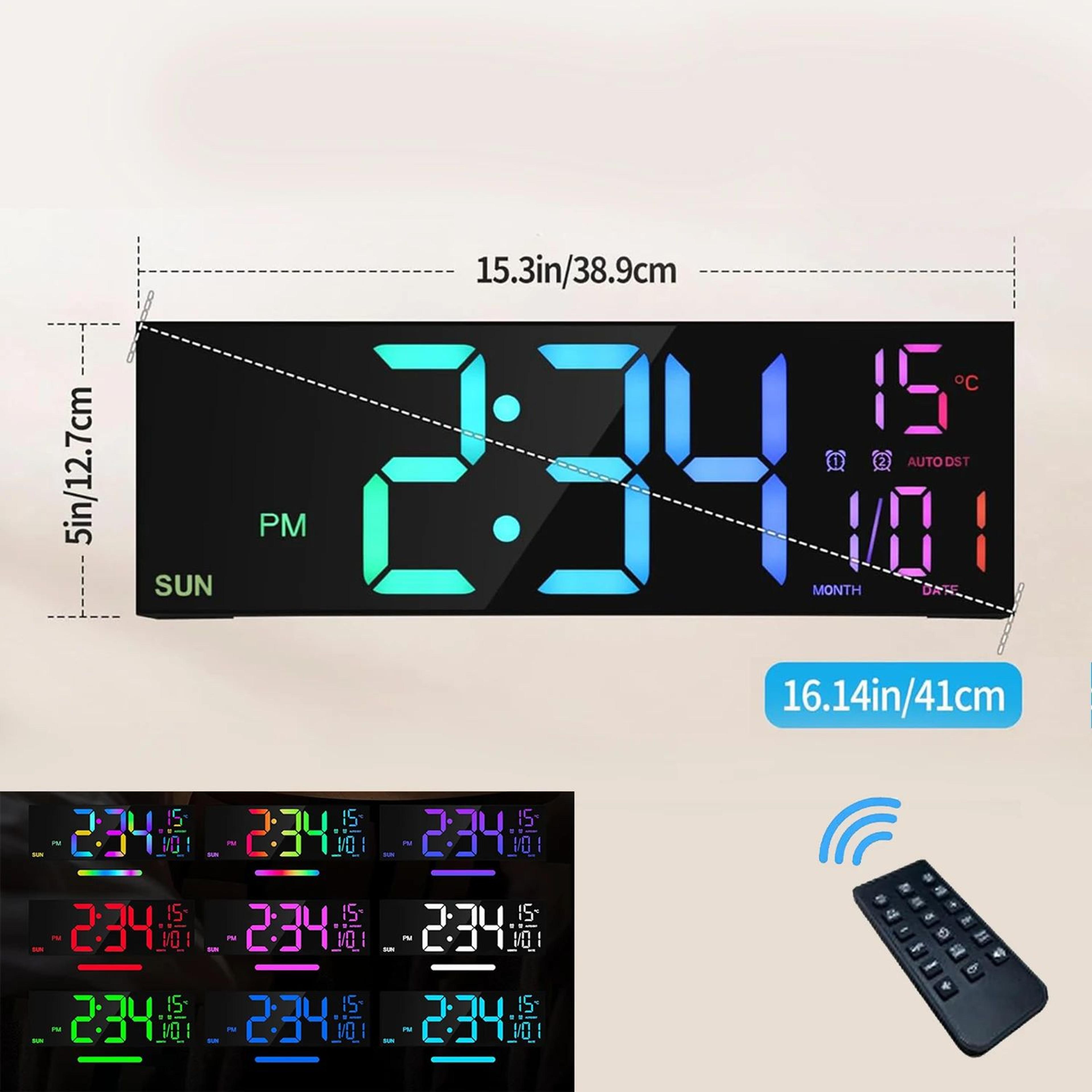 162in Large Digital Wall Clock  LED RGB Display Remote Control Dual Alarm  Auto Dimming Clock 7