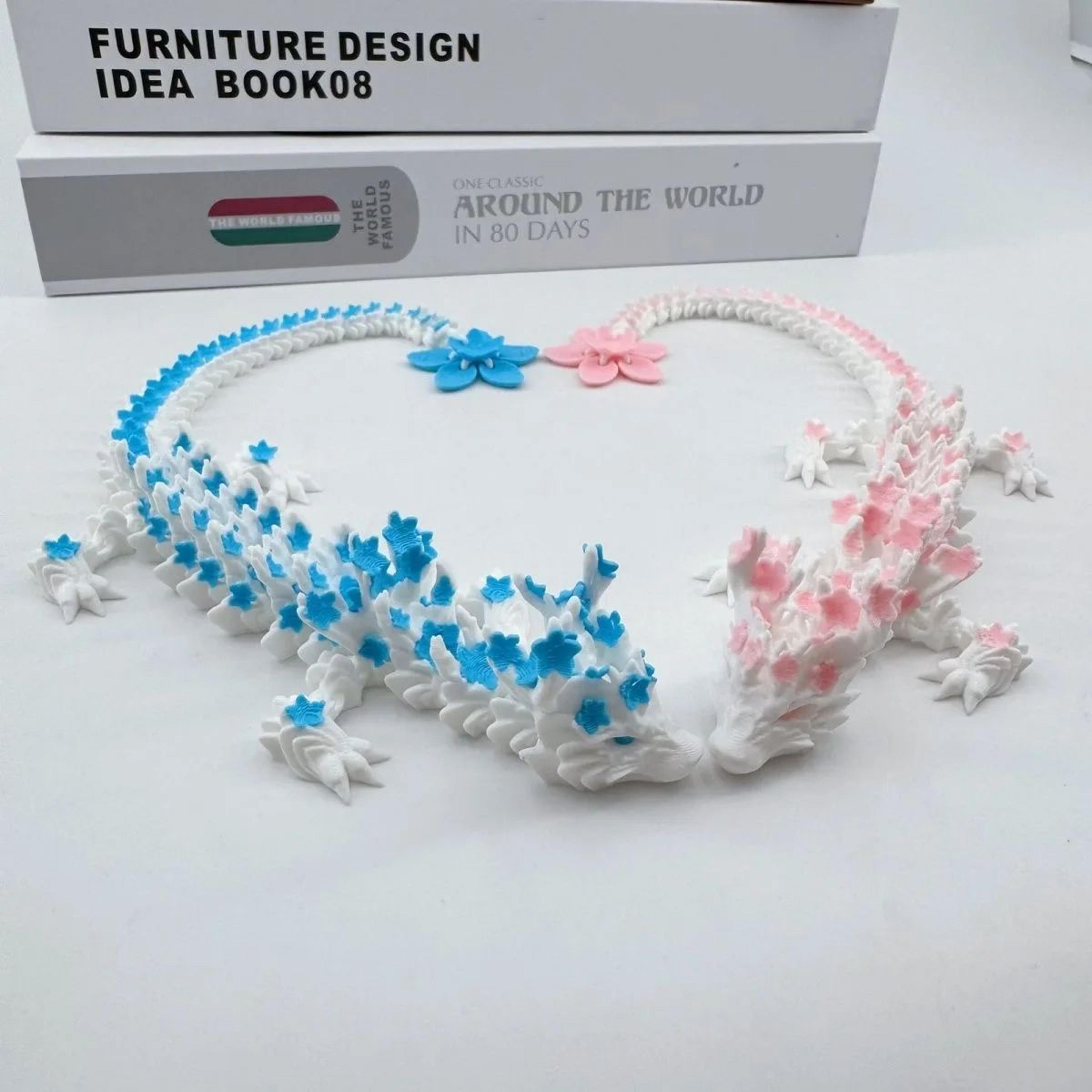 3D Printed Cherry Blossom Dragon Figurine  Movable Joint Love Dragon Desk Decor Ornament 1