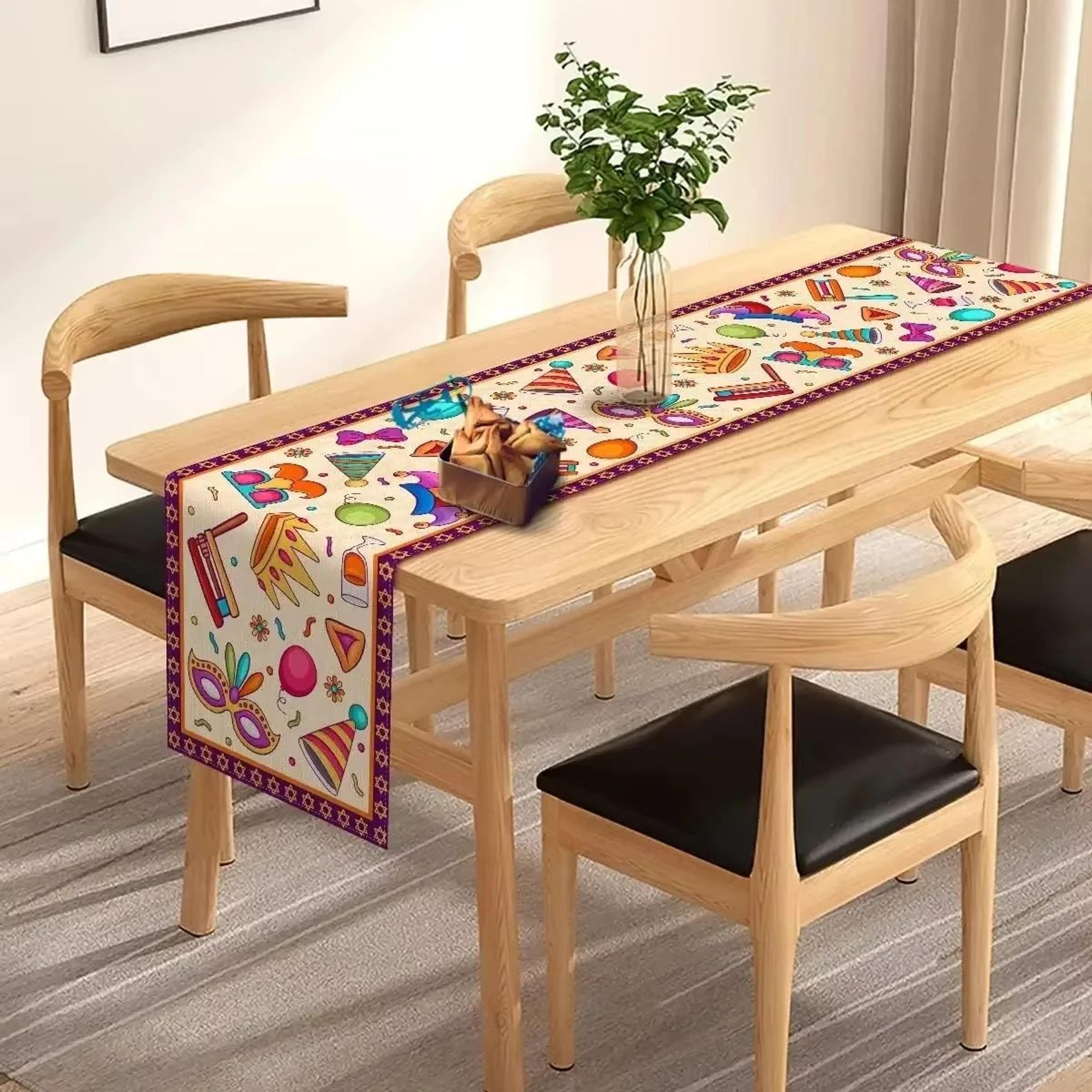 happy purim decorative table runner – jewish holiday carnival dining table cover decor