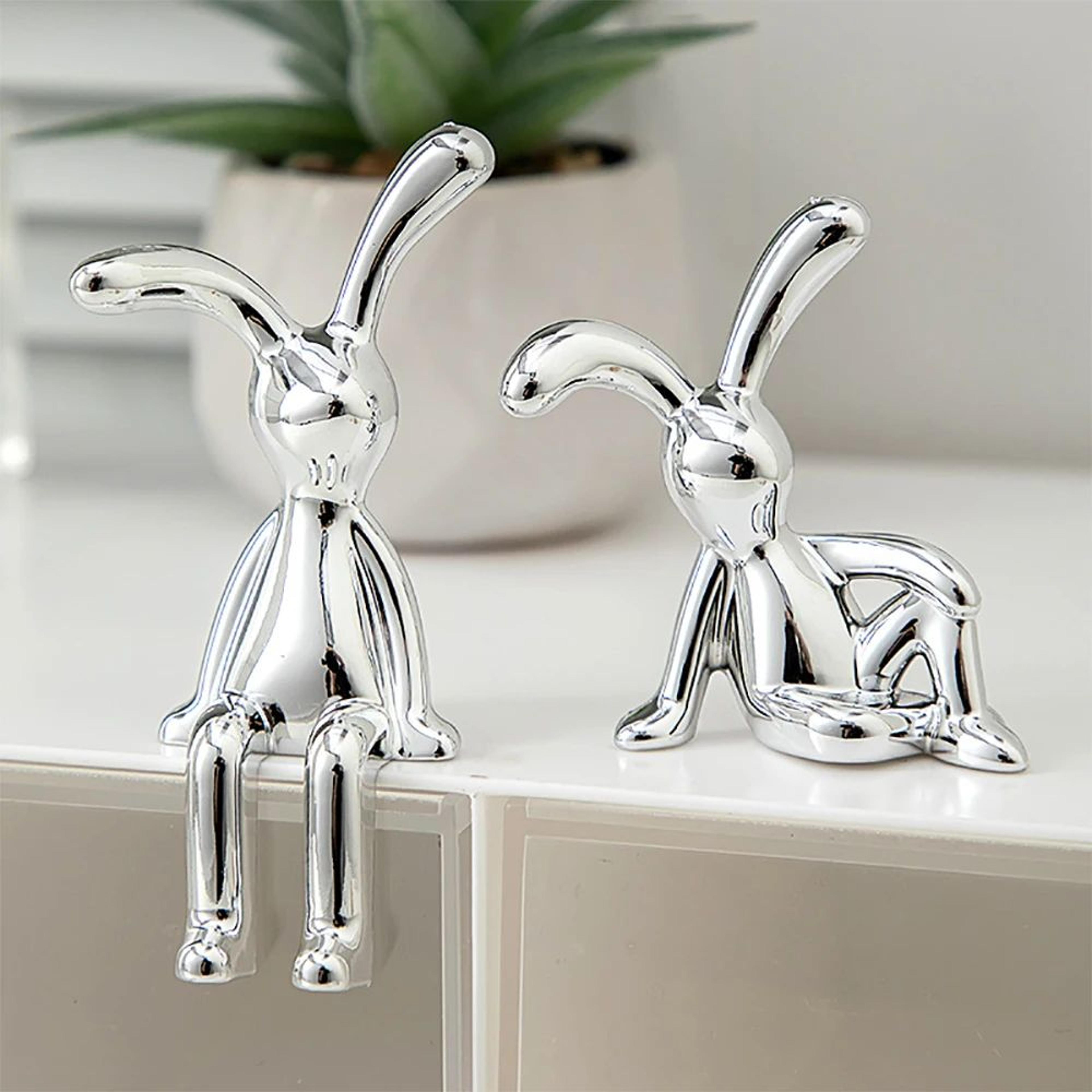 Silver LongEared Rabbit Statue Set  2pcs Cute Decorative Figurines For Home Car  Desktop 3