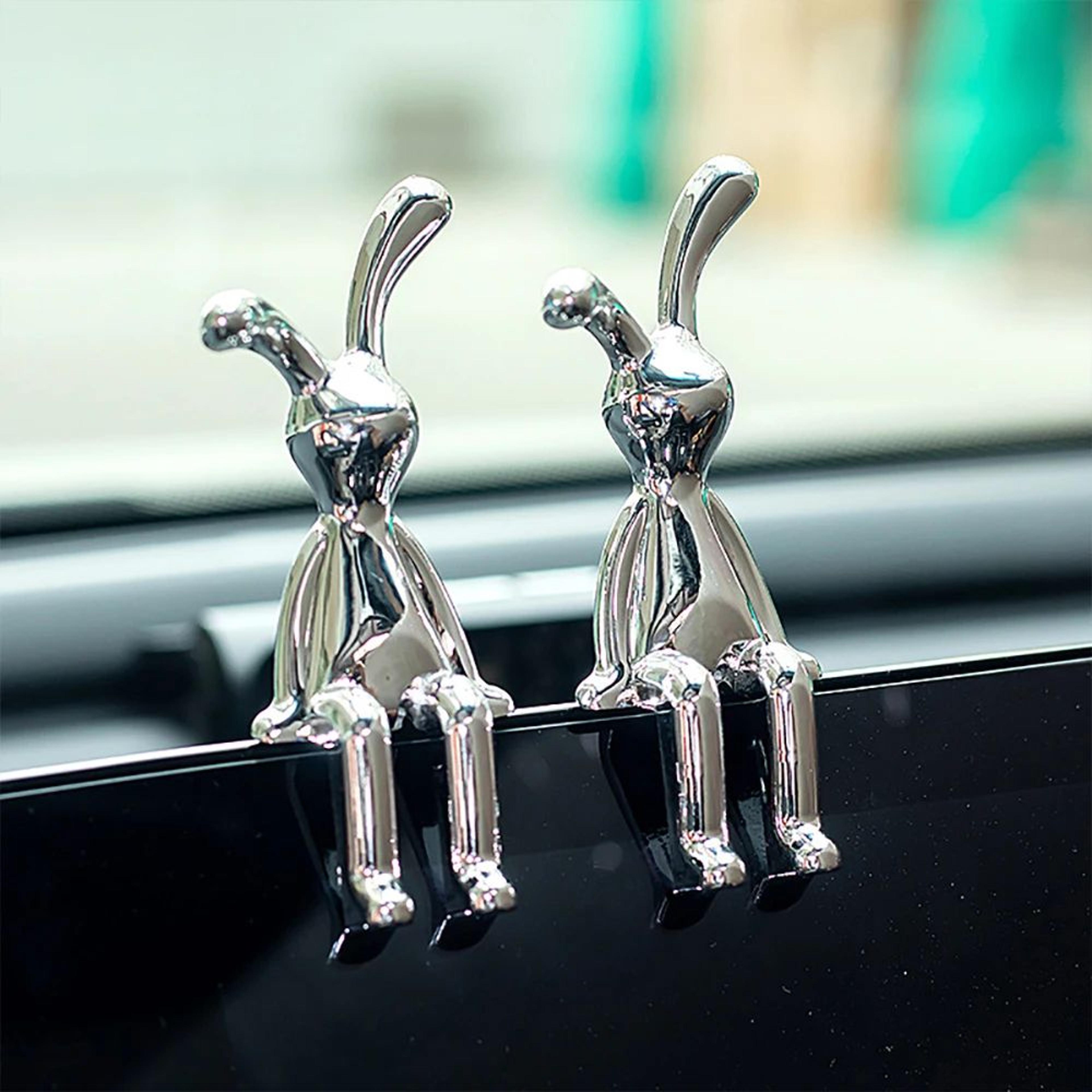 Silver LongEared Rabbit Statue Set  2pcs Cute Decorative Figurines For Home Car  Desktop 1