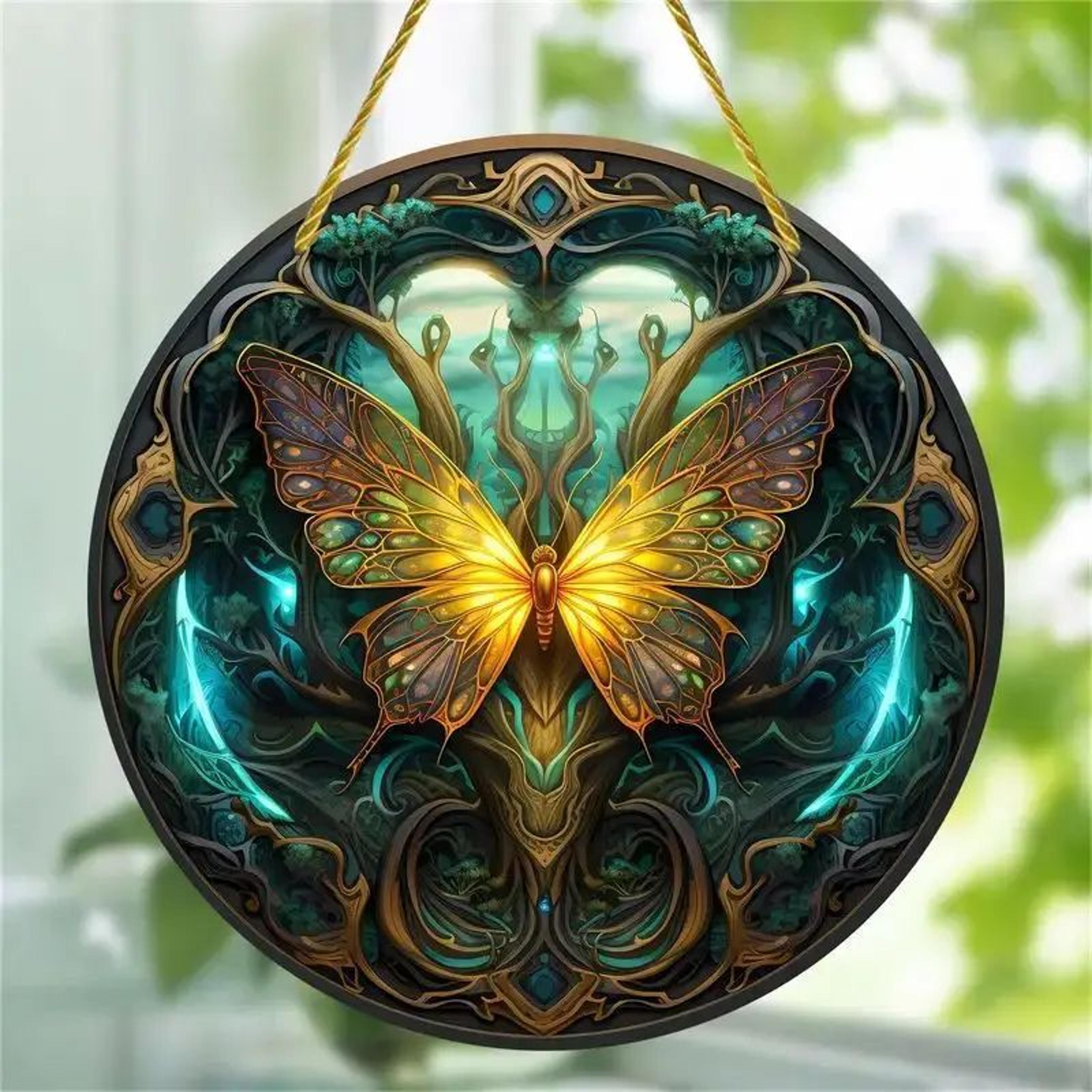 Butterfly Acrylic Suncatcher Hanging Decor  Round Stained Window Art Ornament With Golden Rope 3