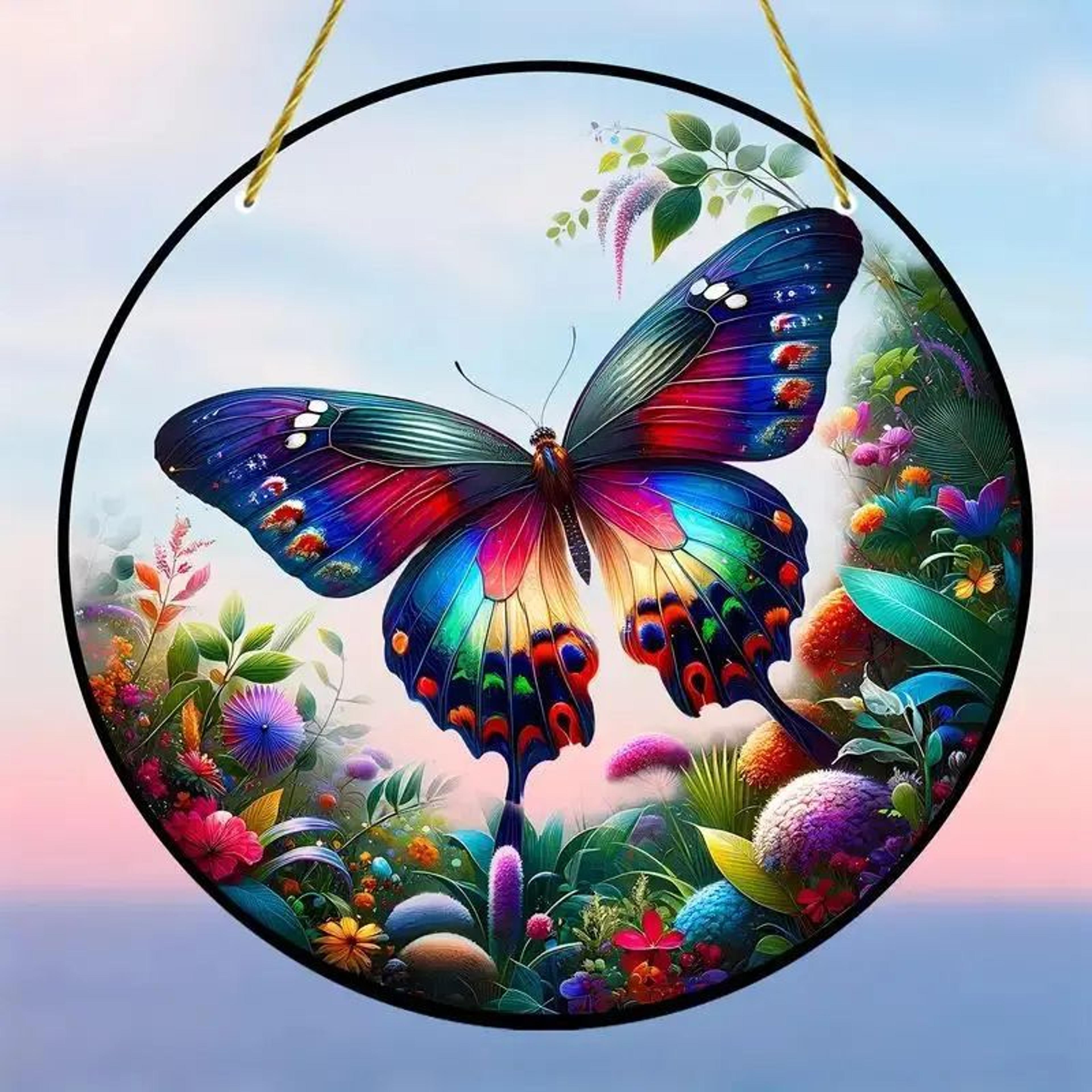 Butterfly Acrylic Suncatcher Hanging Decor  Round Stained Window Art Ornament With Golden Rope 7