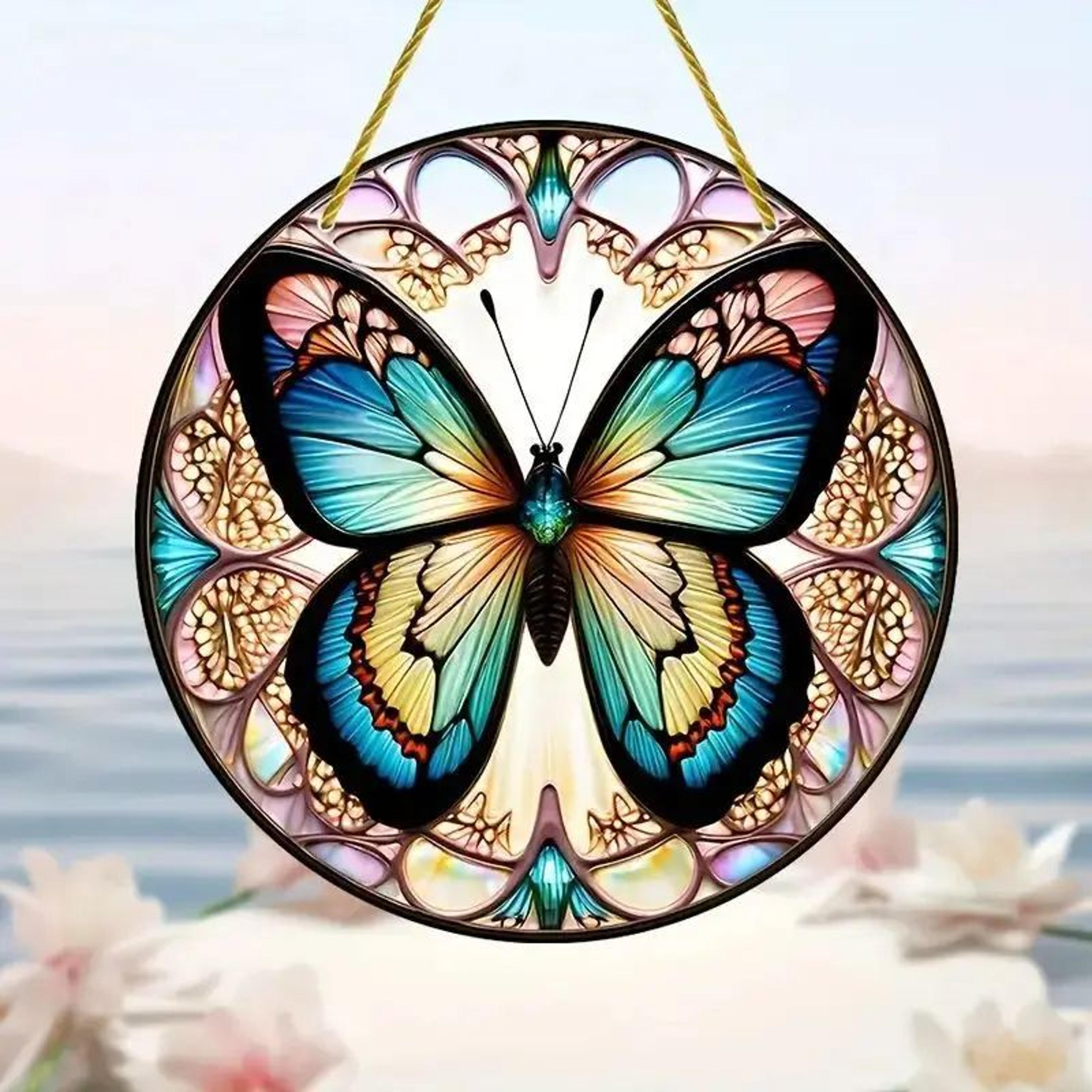 Butterfly Acrylic Suncatcher Hanging Decor  Round Stained Window Art Ornament With Golden Rope 18