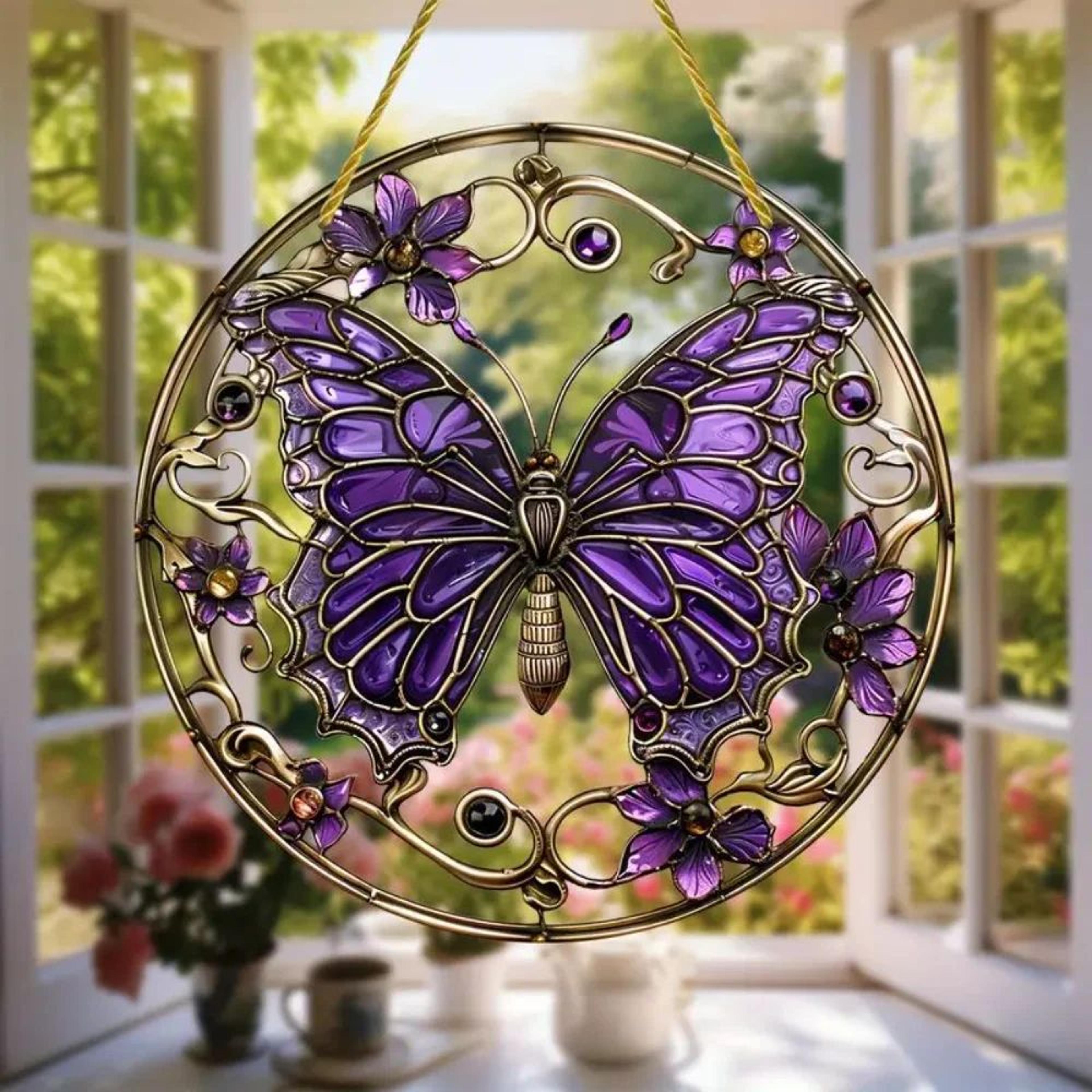 Butterfly Acrylic Suncatcher Hanging Decor  Round Stained Window Art Ornament With Golden Rope 22