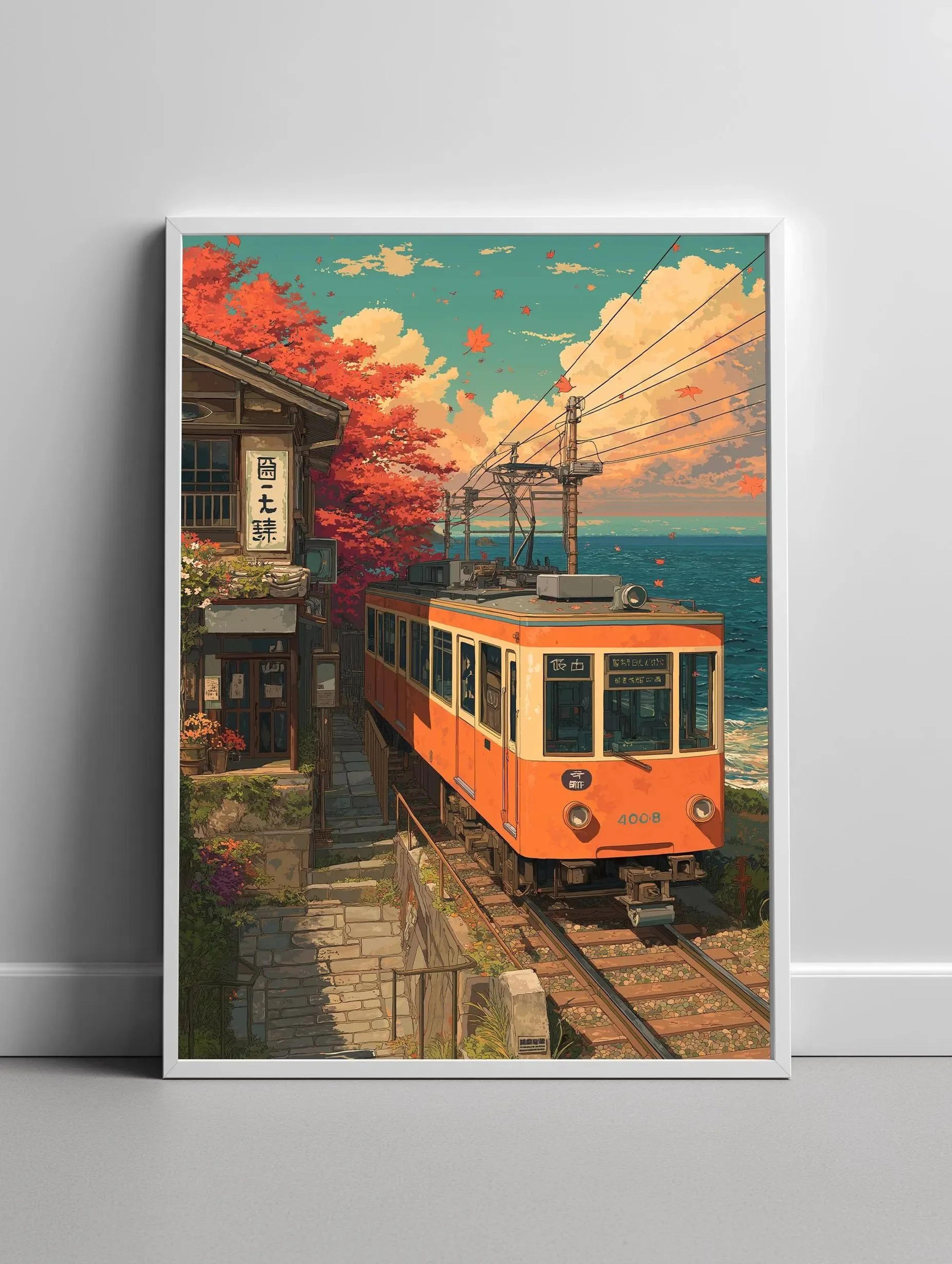 Retro Japanese Tokyo Rainy Night Canvas Wall Art  Railway Street Landscape Poster For Modern Home D 8