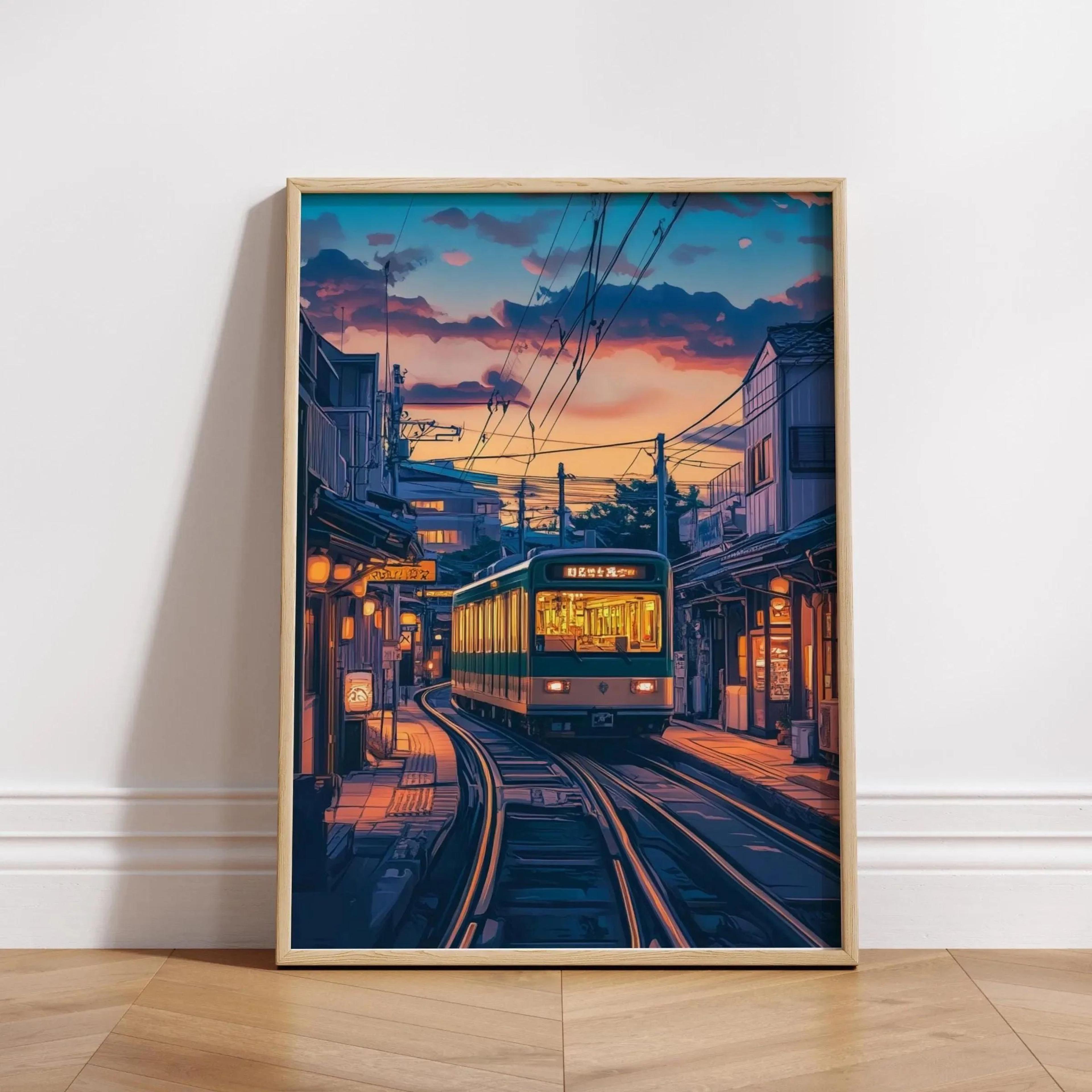 Retro Japanese Tokyo Rainy Night Canvas Wall Art  Railway Street Landscape Poster For Modern Home D 24