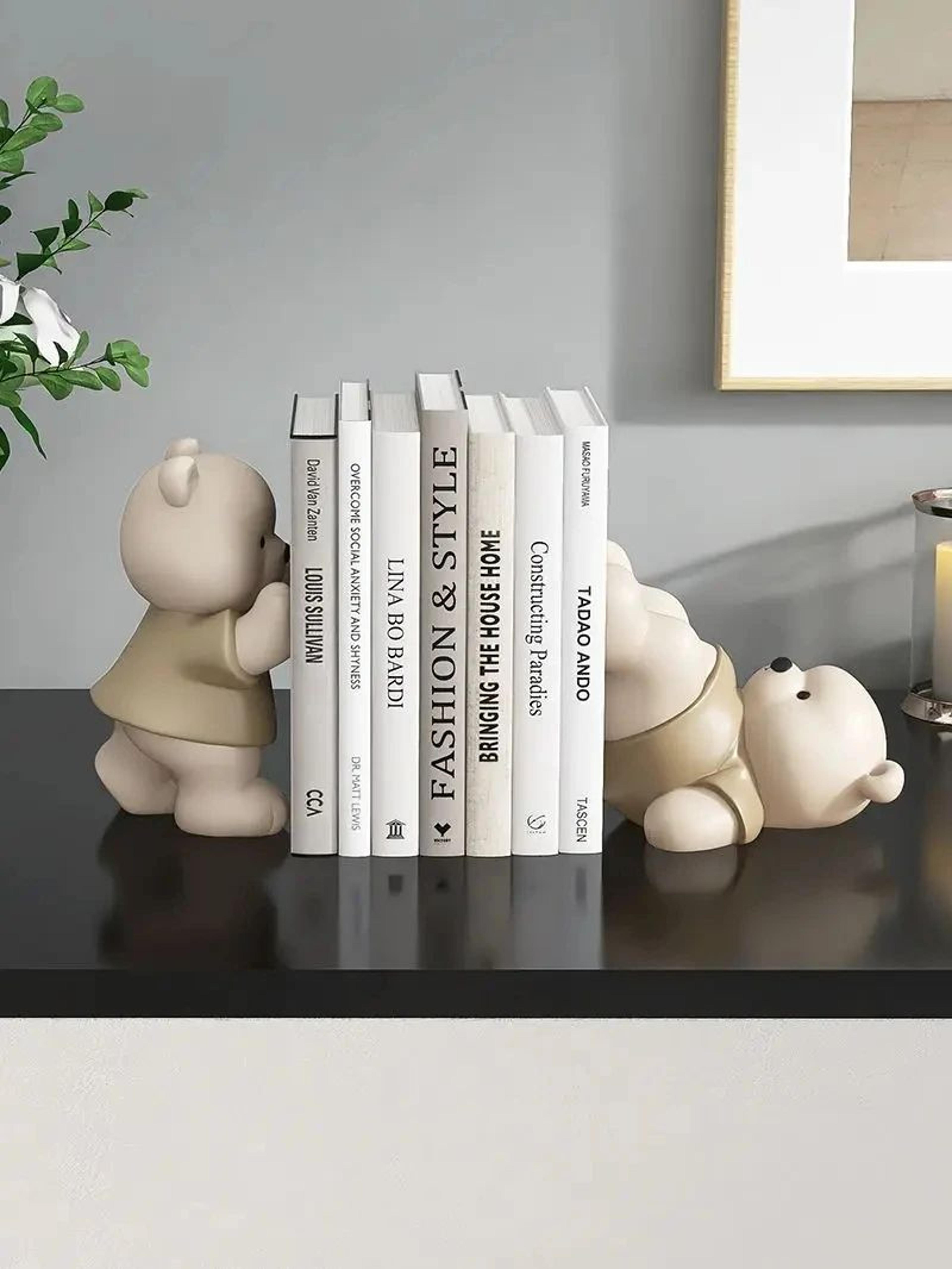 Cute Bear Bookend Figurine  Cream Style Decorative Book Holder For Home  Shelf Decor 12